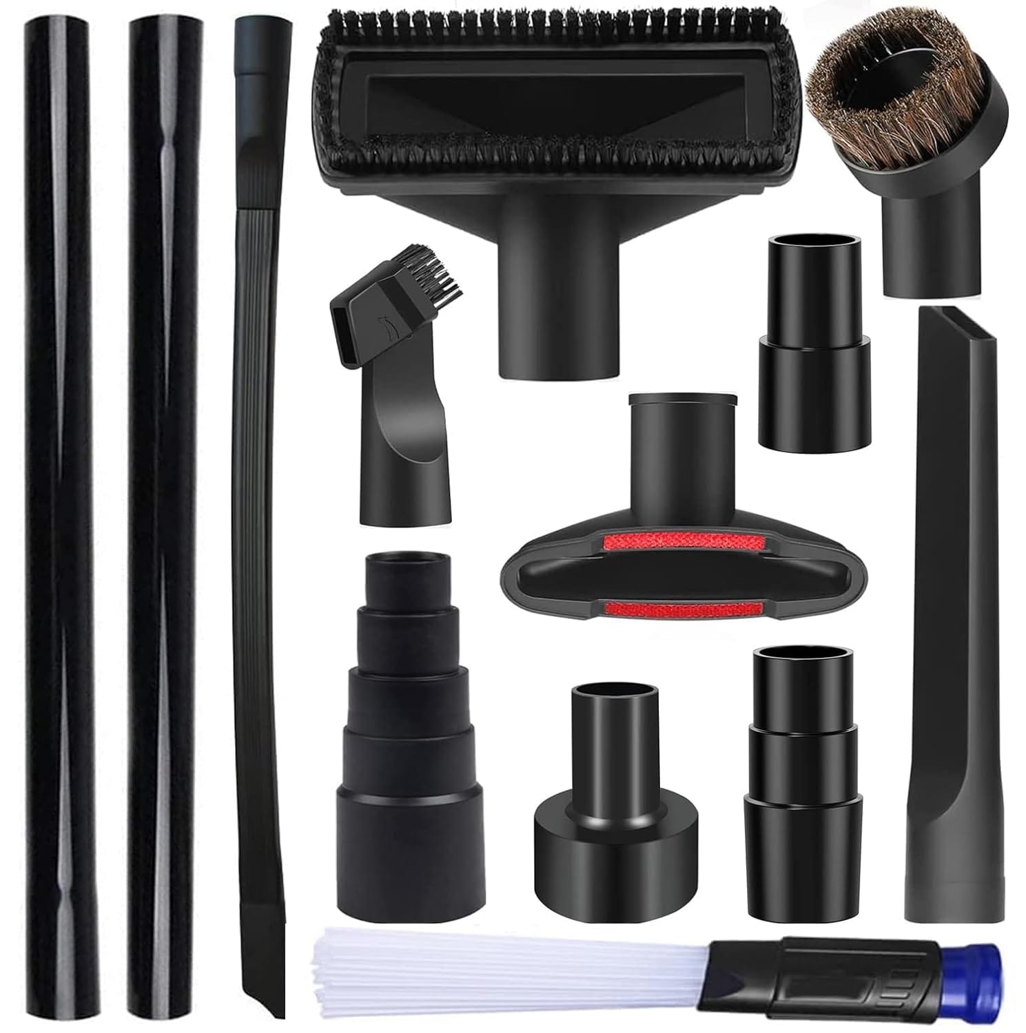 ** Universal Vacuum Attachment Kit with Multiple Adapters and Accessories for Wet/Dry Vacuum Cleaners - Fits 1-1/4" Hose, Compatible with Shop Vac Accessories

**DESCRIPTION:** This comprehensive Universal Vacuum Attachment Kit includes four different vacuum cleaner accessory adapters to fit a wide range of vacuum cleaner models, ensuring compatibility and convenience for all your cleaning needs.

The 5-Layer Universal Vacuum Hose Adapter features multiple outer diameter sizes (27mm, 32mm, 35mm, 40mm, 50mm) and can be easily cut into 5 size connectors to accommodate different Shop Vac attachments. From 1" to 1 7/8" diameters, this adapter is versatile and adjustable for optimal performance.

With the Vacuum Attachment Converter, you can conveniently switch between 1-1/4", 1-3/8", and 1-1/2" diameters, making it suitable for most vacuum cleaners and everyday cleaning tasks. The Vacuum Hose Converter reduces a 35mm/1-3/8" vacuum to a 32mm/1-1/4" attachment, expanding your cleaning options.

Additionally, the Vacuum Converter allows you to convert 2-1/2" to 1-1/4", enabling the attachment of other tools for more efficient cleaning. The kit also includes various attachments such as extension tubes, brushes, and nozzles to cover all your household cleaning needs.

Compatible with most vacuum cleaner models, this kit is perfect for use at home, in the office, or in your car interior. The vacuum extension wand extends your cleaning reach, while the high-quality horse hair brush is ideal for cleaning different surfaces effectively.

Made of durable ABS plastic material, these adapters are sturdy and long-lasting. Upgrade your cleaning experience with this Universal Vacuum Attachment Kit that offers versatility, compatibility, and durability for all your cleaning tasks.
