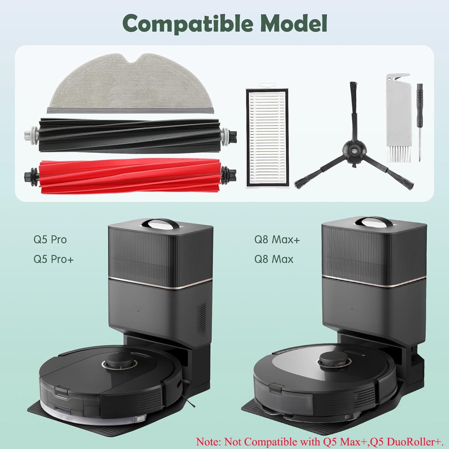 20Pcs Robot Vacuum Accessories Kit for Roborock Q5 Pro / Q5 Pro+ / Q8 Max / Q8 Max+ - Dual Brush, Mop Pads, Side Brushes, Hepa Filters, Cleaning Tool - Review Image 2