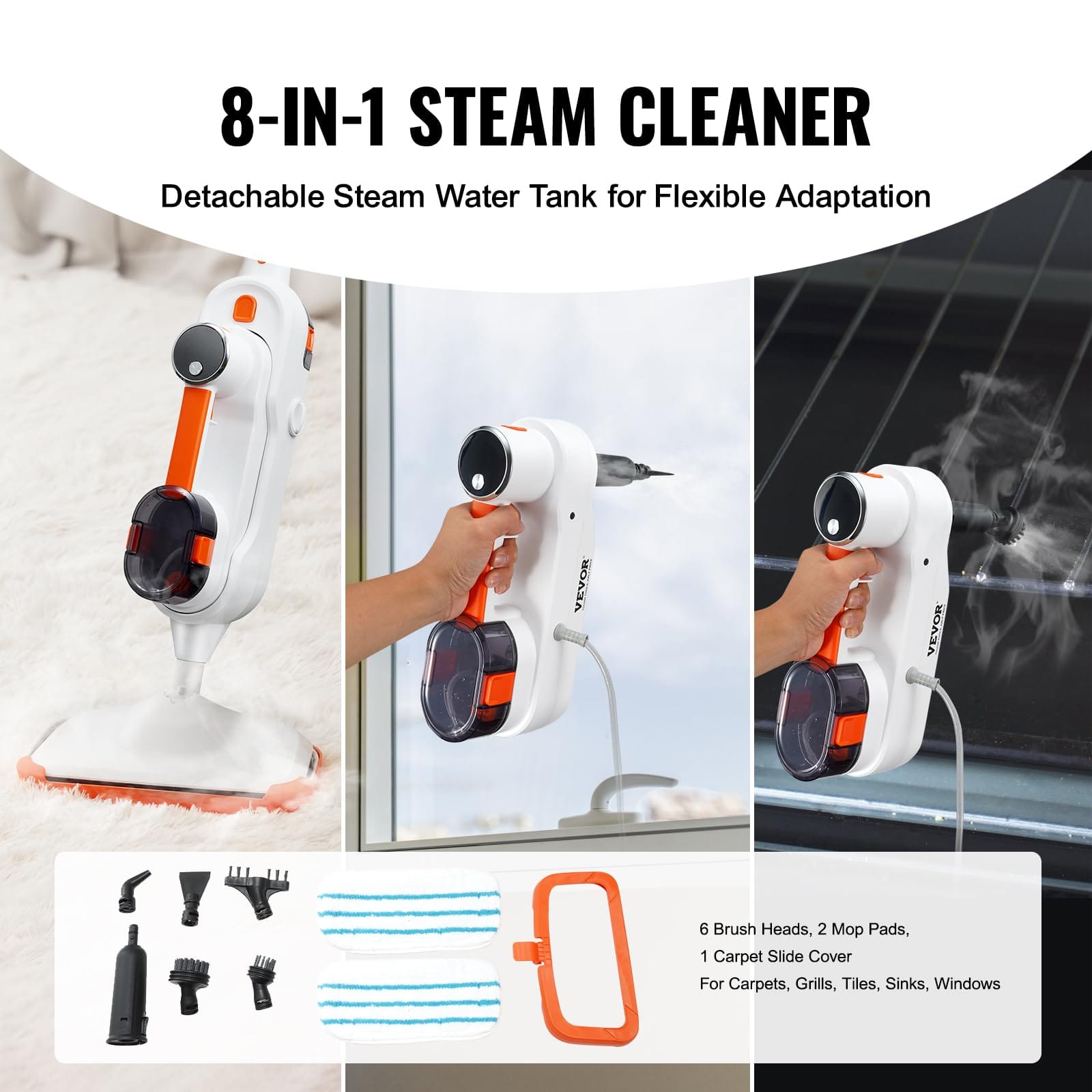Vevor 8-in-1 Steam Mop for Hardwood Floors, Floor Steamer with 7 Replaceable Brush Heads and 2 Pads - Review Image 4
