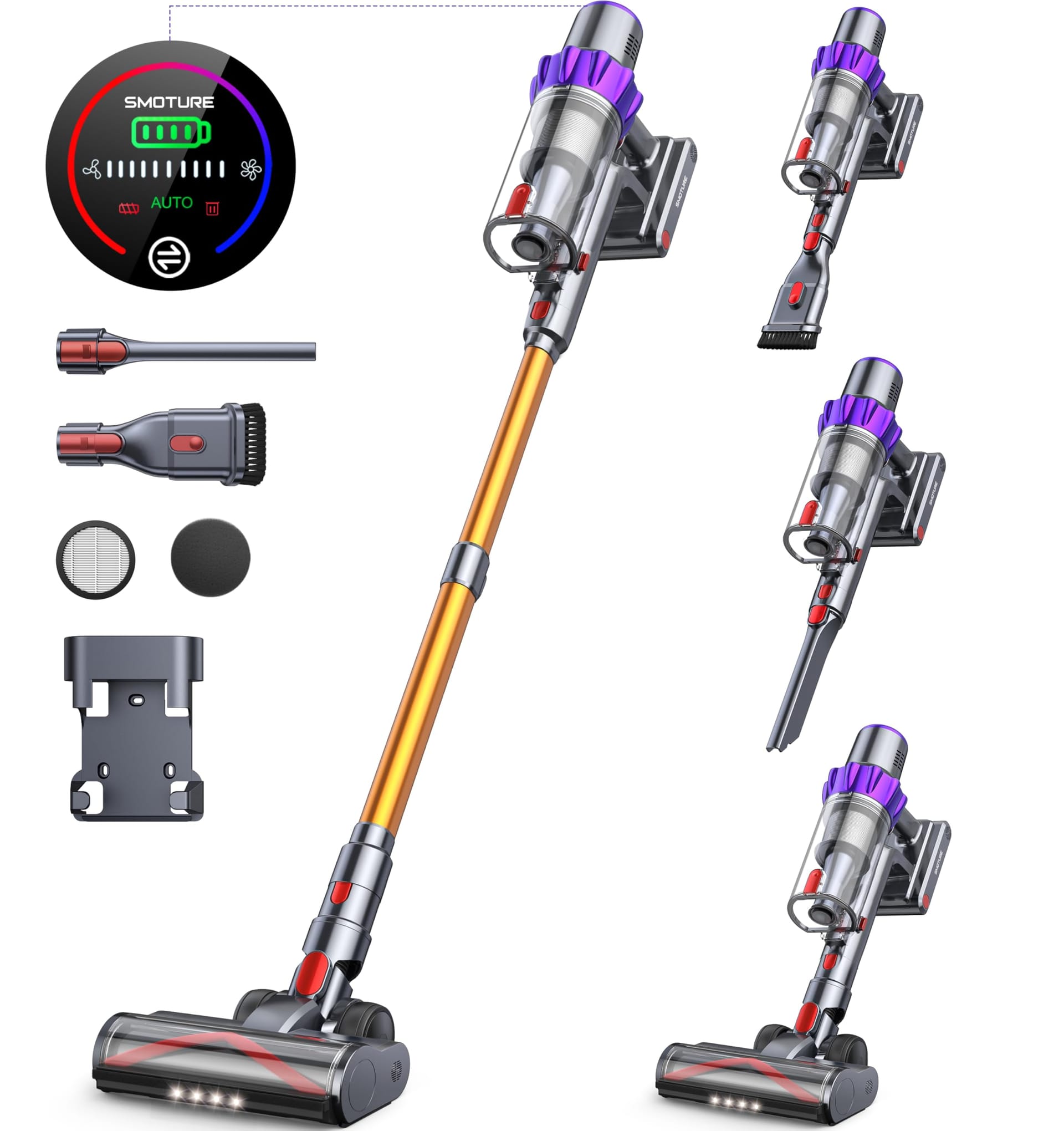 Powerful Smoture Cordless Vacuum Cleaner for Home - 450W 40Kpa, Self-Standing, Rechargeable Vacuum Cordless for Pet Hair, Hardwood Floor, Tile