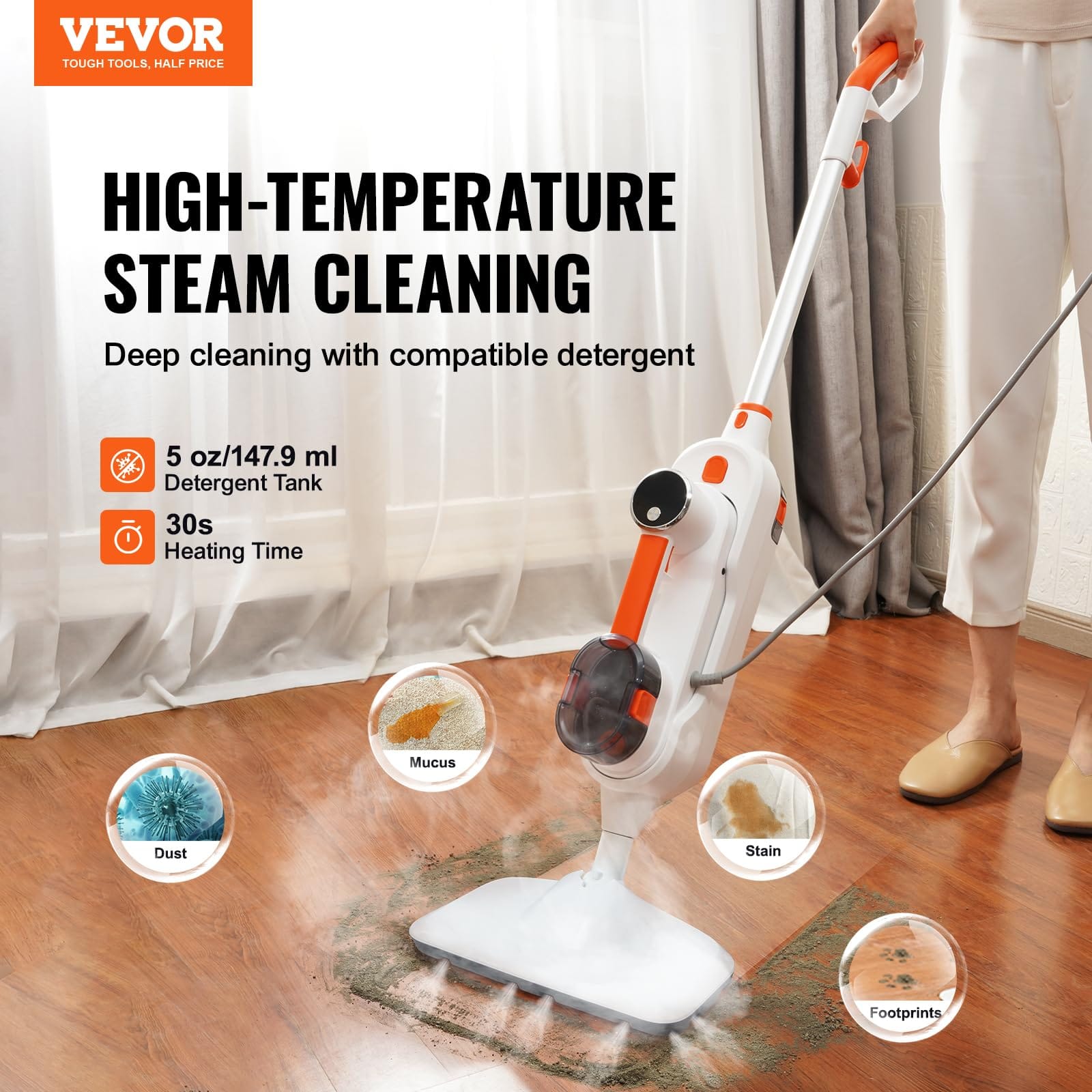 Vevor 8-in-1 Steam Mop for Hardwood Floors, Floor Steamer with 7 Replaceable Brush Heads and 2 Pads - Review Image 2