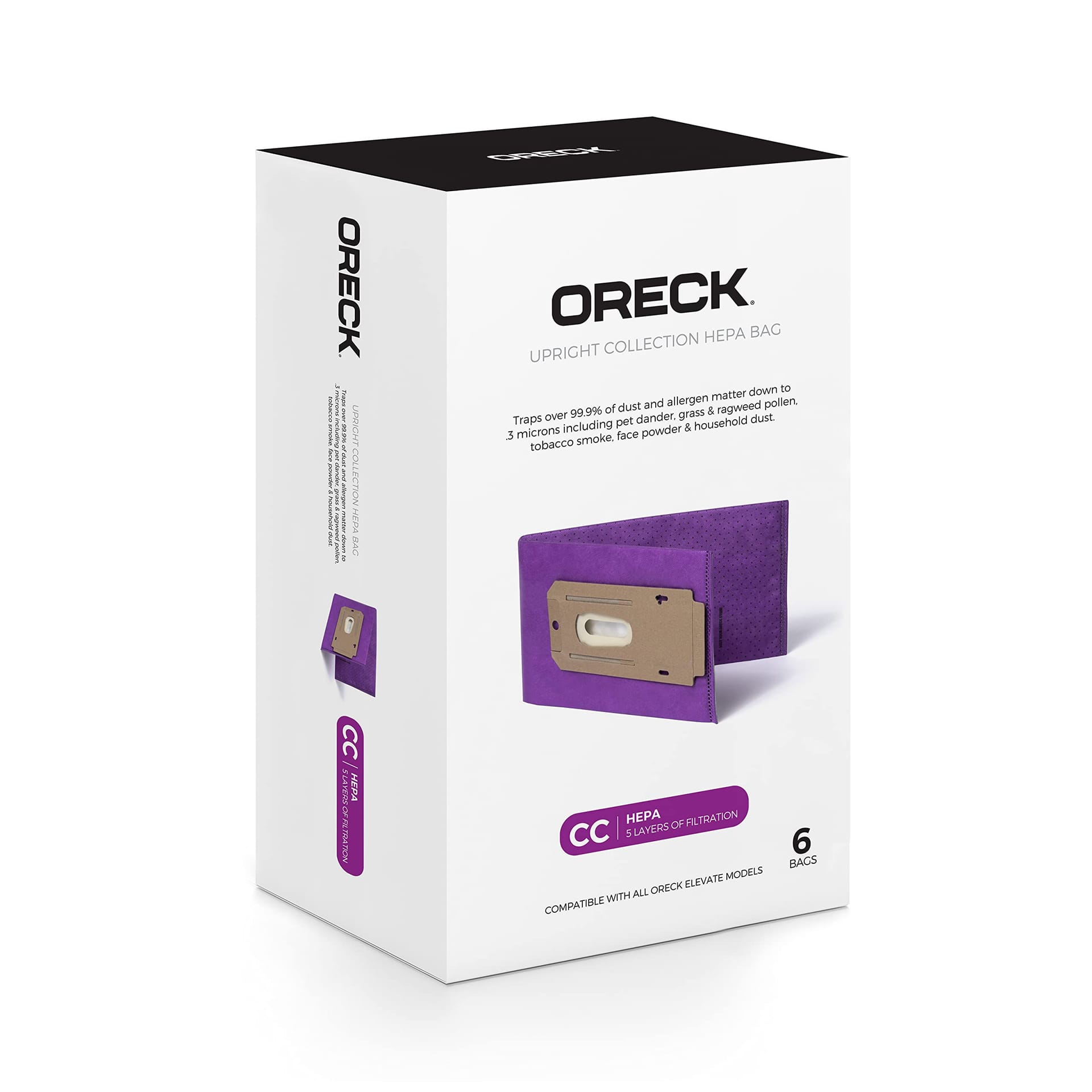 Oreck Type CC HEPA Upright Vacuum Cleaner Bag, AK1CC6H, 6-Pack - Purple, Compatible with Oreck Vacuum Cleaners