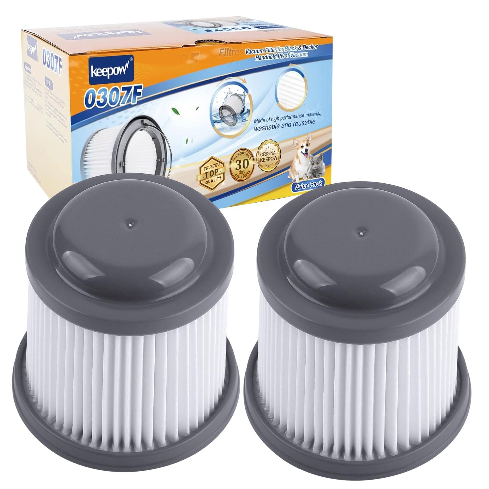 Keepow PVF110 Replacement Vacuum Filter for Black and Decker Pivot Handheld Vacuum - Washable Hand Vac Filters, 2 Pack