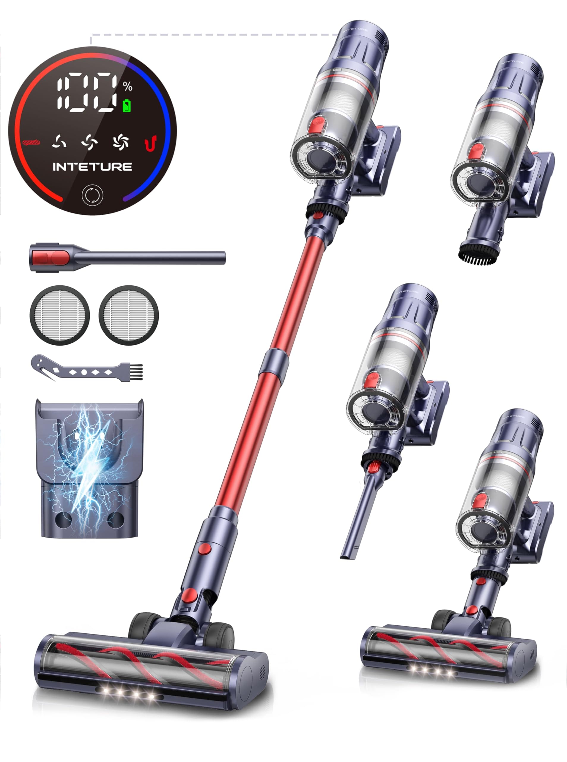 INTETURE Cordless Vacuum Cleaner 550W 45Kpa - Self-Standing, Touch Screen, Max 60 Mins, Charging Station - for Home, Hard Floor, Carpet, Car, Pet - HEPA Filter Vacuums