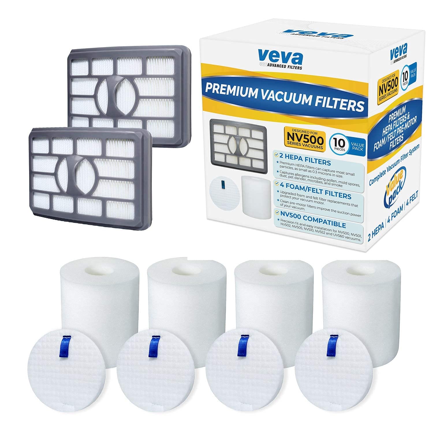 VEVA Premium Vacuum Filter Set for Shark Rotator Lift-Away Model (2 HEPA, 4 Foam, 4 Felt) - Compatible with NV500, NV501, NV502, NV505, NV552, UV560