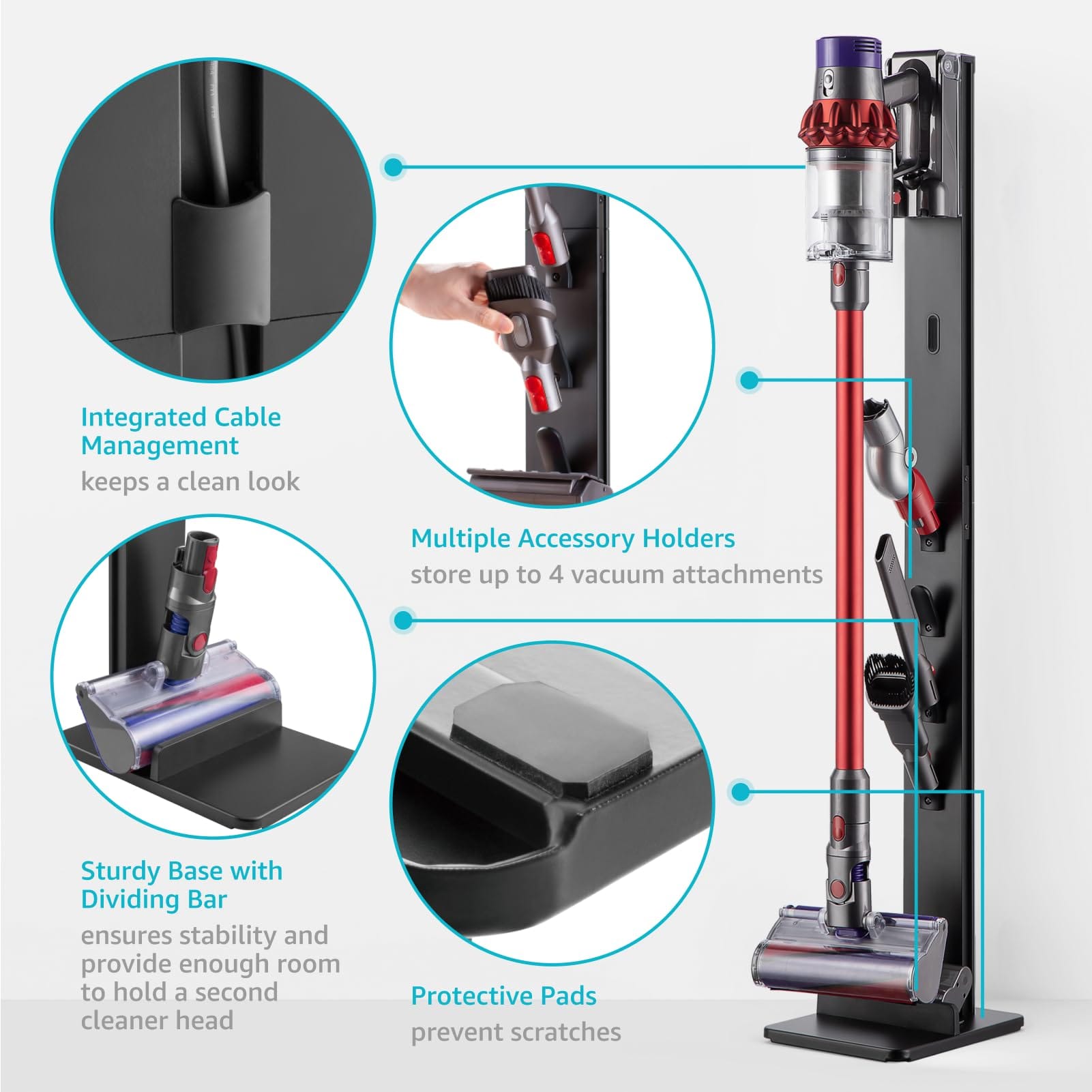 Floor-Standing Pegzone Vacuum Cleaner Stand for Dyson Gen5 V15 V12 V11 V10 V8 V7 V6 Cordless Vacuums, Metal Storage Bracket Organizer with 4 Hooks, Black - Review Image 3