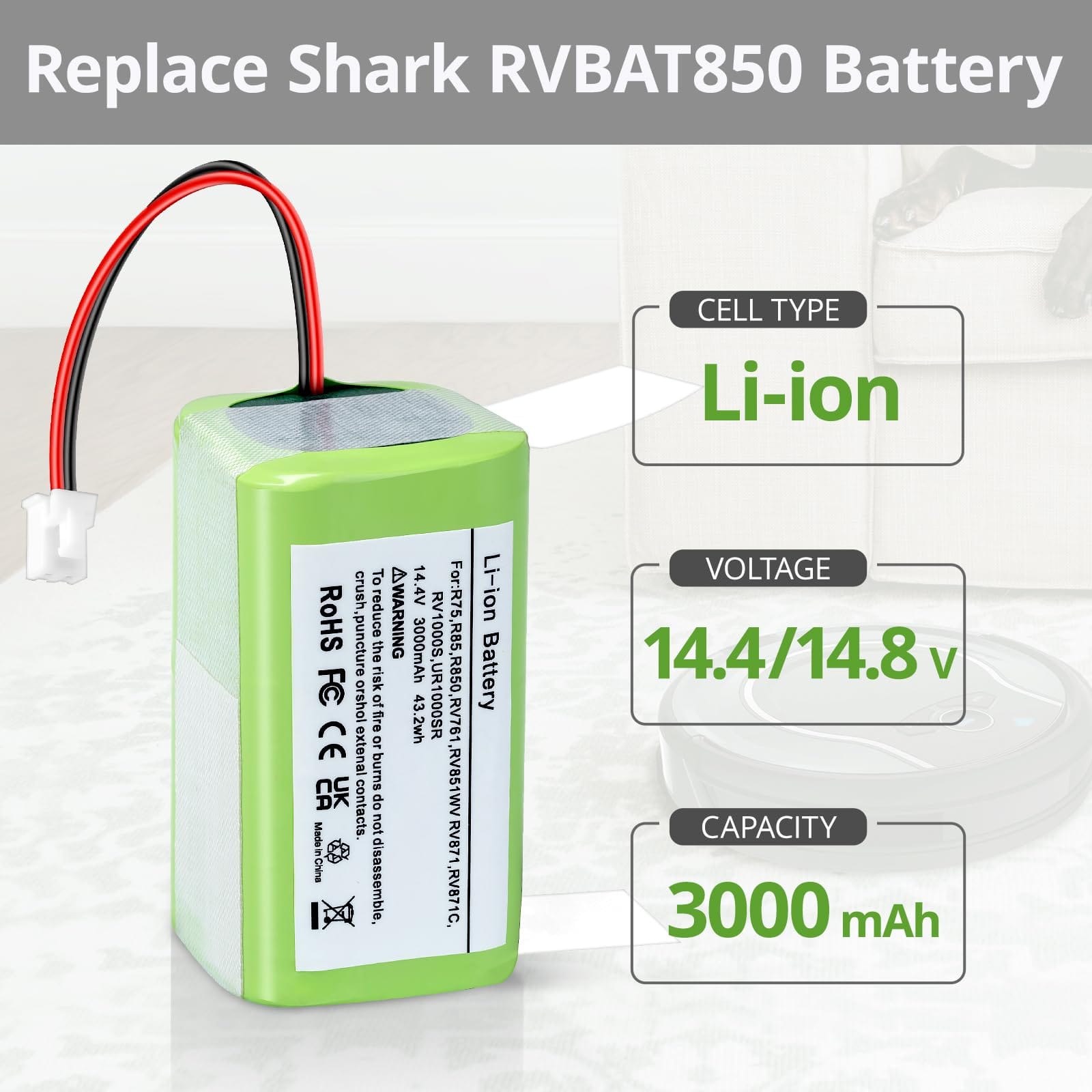 High-Capacity Yaya-Bechine Replacement Battery for Shark Ion Robot Vacuum Cleaners - 14.4V 3000mAh, 2-Prong Connector - Review Image 2