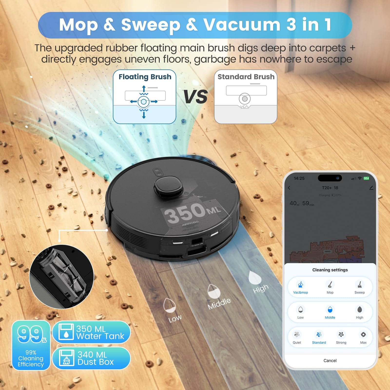 Self-Emptying Airrobo T20+ Robot Vacuum and Mop Combo with 180Mins Runtime for Pet Hair, Hardwood Floors, and Carpet - Wi-Fi/App/Alexa/Remote Control, Home Mapping & Schedule - Review Image 5