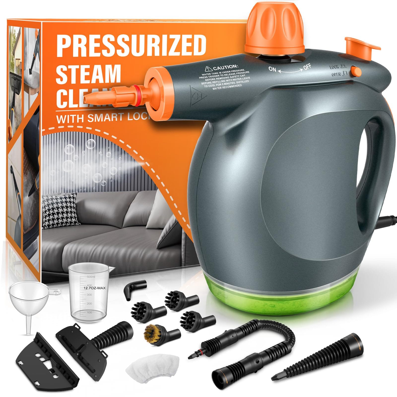 1250W Powerful Handheld Steam Cleaner with Detergent Container and Safety Lock - Multi-Surface Steam Cleaner for Kitchen, Bathroom, Windows, and Floors