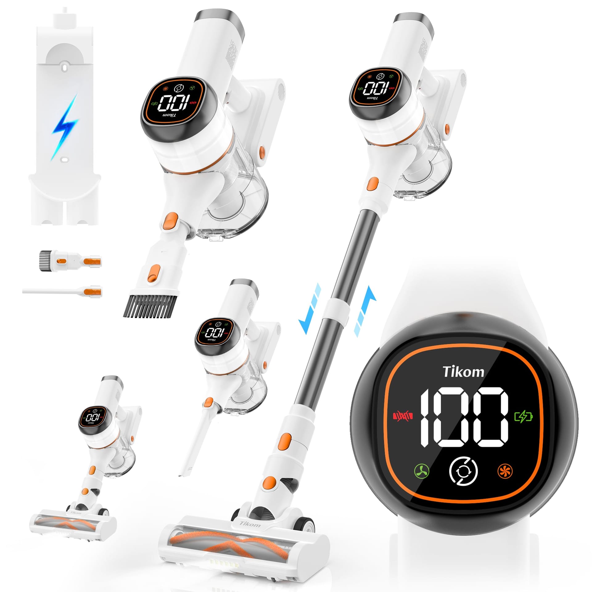 Tikom Cordless Stick Vacuum Cleaner for Home - 40000Pa/450W, LED Touch Screen, Wall Dock, Lightweight Handheld Vacuum for Pet Hair, Hard Floor, Carpet (V500)