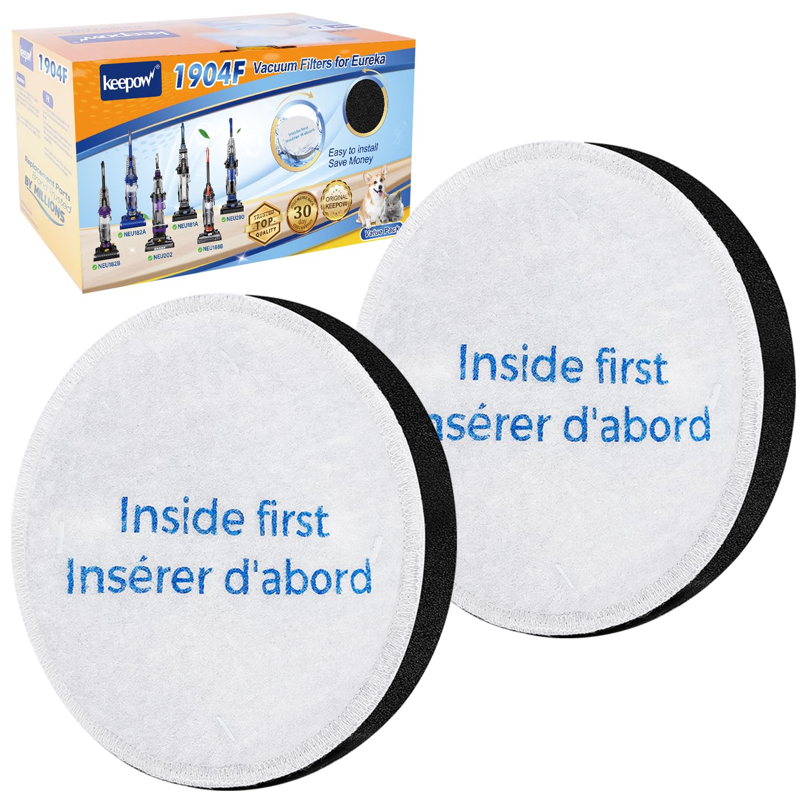 Keepow 2 Pack Vacuum Filter Replacement Compatible With Eureka Powerspeed Models NEU180 NEU180C NEU182A NEU182B NEU12CT NEU186 NEU188 NEU188A NEU190 NEU192A, Part #E0202