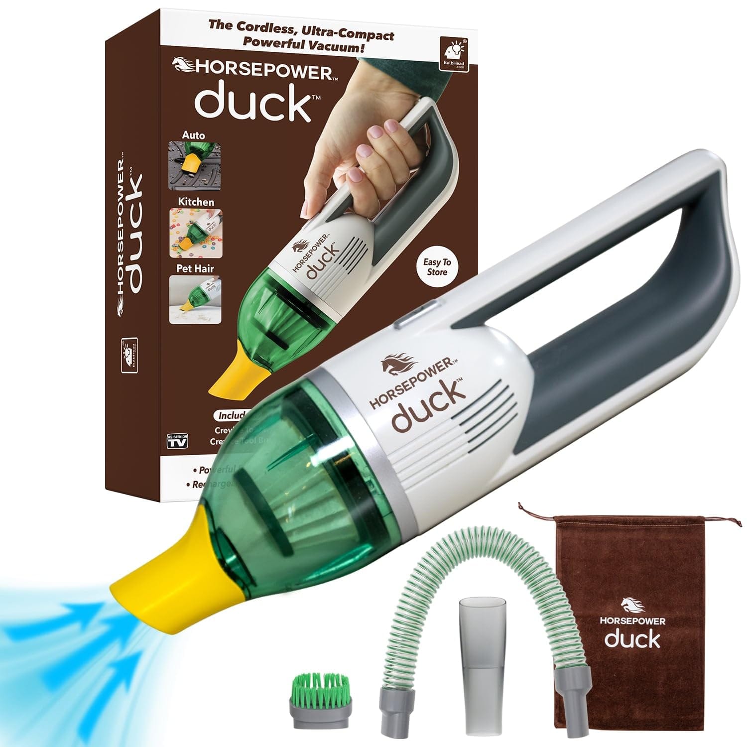 Horsepower Duck Compact Cordless Vacuum | Ultra-Powerful Strong Suction | Easy-to-Store Rechargeable Cleaner for Home, Auto, and Pet Hair