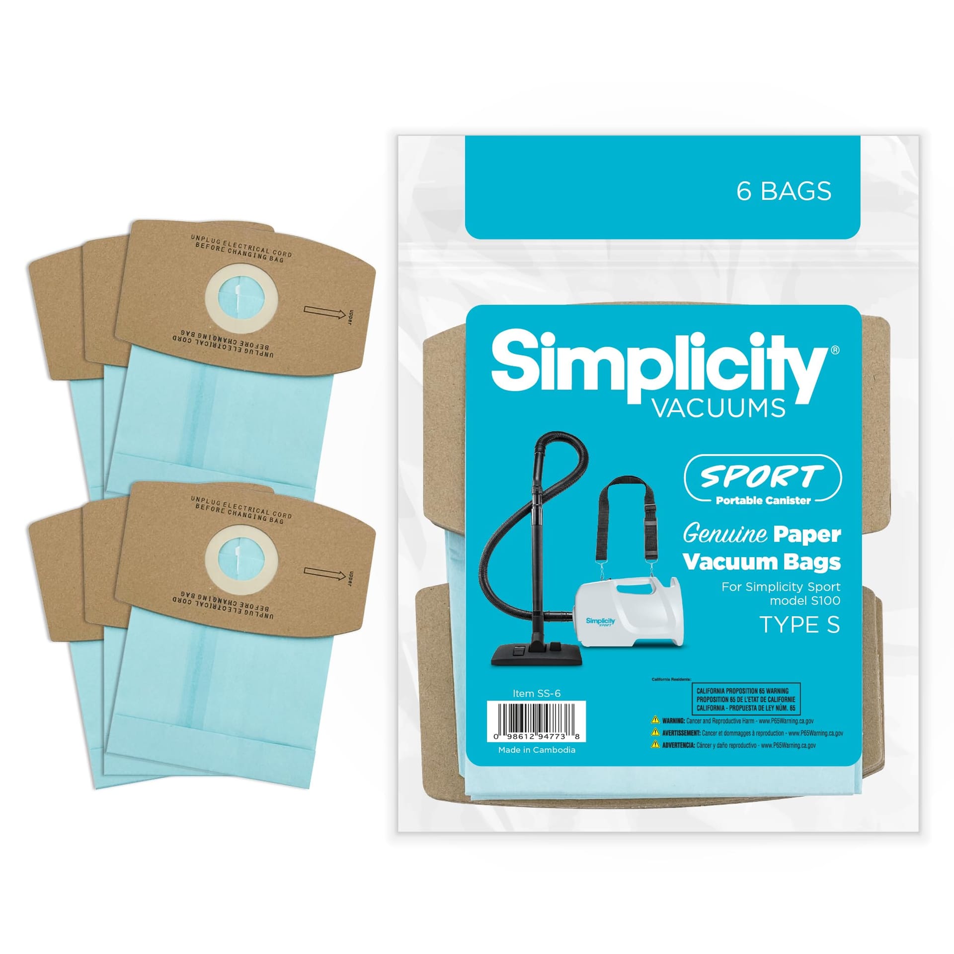 Genuine Simplicity Type S SS-6 Vacuum Bags for S100 Models - Pack of 6