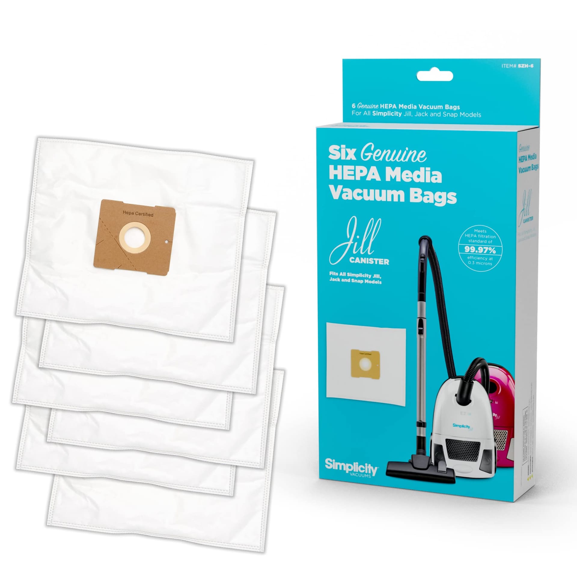 Genuine Simplicity SZH-6 Type Z HEPA Vacuum Replacement Bags, 6-Pack Set for Jill, Jack, and Snap Canister Models