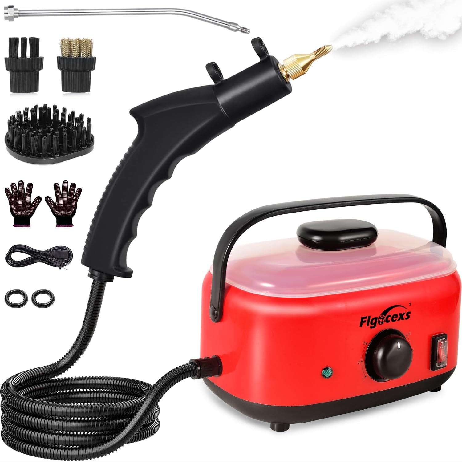 Portable Handheld Steam Cleaner with 2500W High Temperature Steam, 1.5L Tank & 3 Brush Heads for Car Detailing, Kitchen, Bathroom - Red