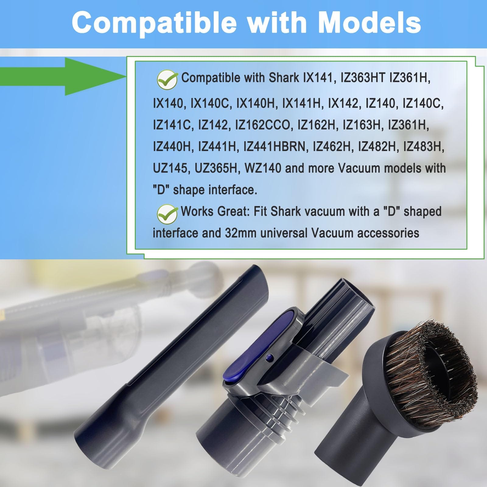 Cordless Stick Vacuum Accessories Compatible with Shark IX141, IX363Ht, IX361H, IX462H, IX483H, and More - 1.25" Horse Hair Brush Attachment & Crevice Tool Adapter - Review Image 2