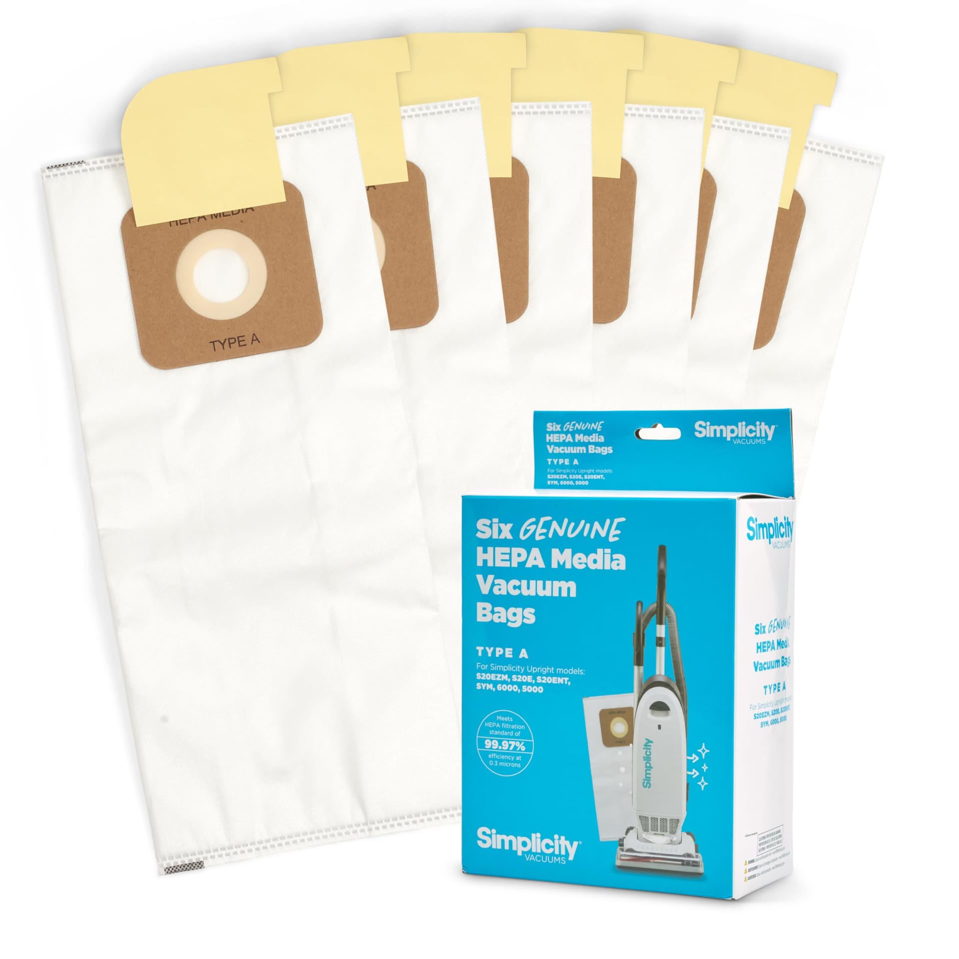 Genuine Simplicity Type A Certified HEPA Vacuum Bags | Fit S20EZM Allergy Upright | 6-Pack Set