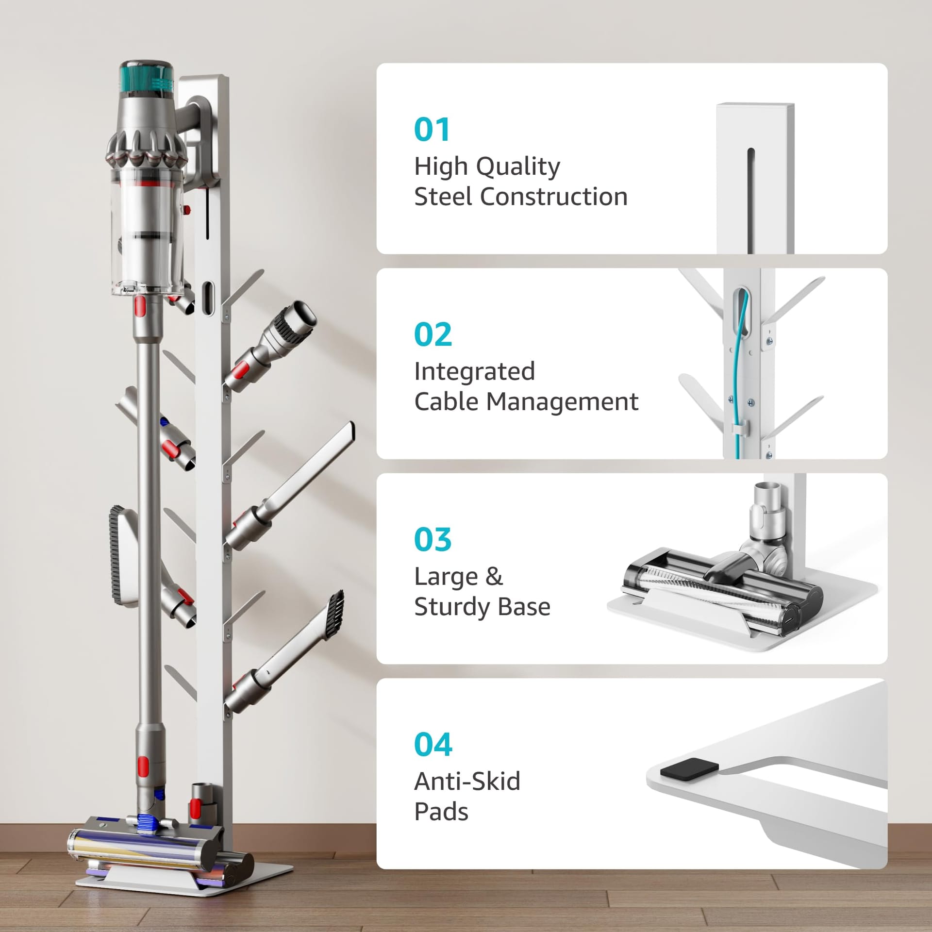 Universal Vacuum Cleaner Stand with 12 Storage Hooks for Dyson, Shark, Eureka, Tineco & More, Metal Holder - White - Review Image 4