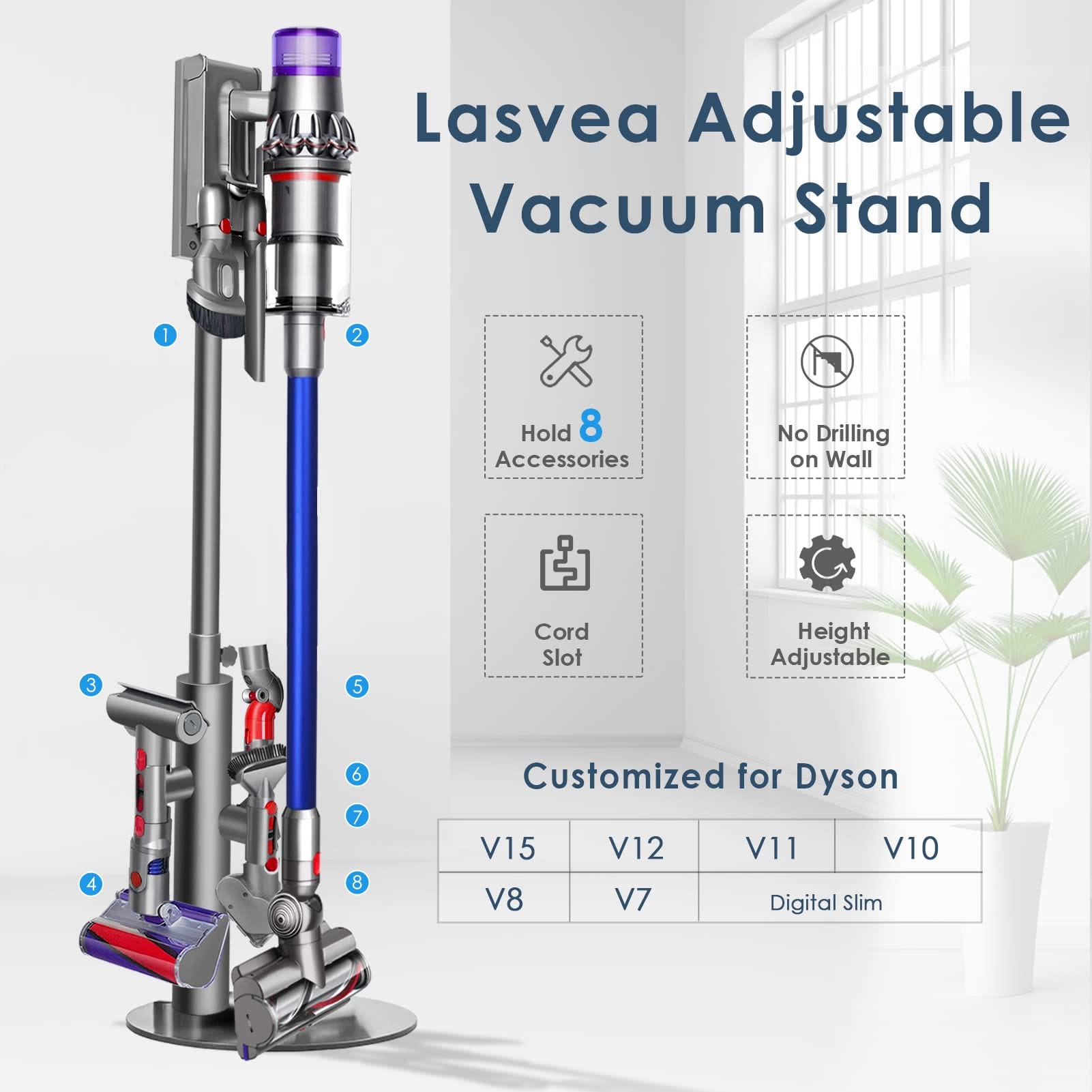 Height-Adjustable Aluminum Vacuum Stand for Dyson V15, V12,V11, V10,V8,V7 - Steel Base, Clips for 9 Attachments, Cable Slot - Review Image 2