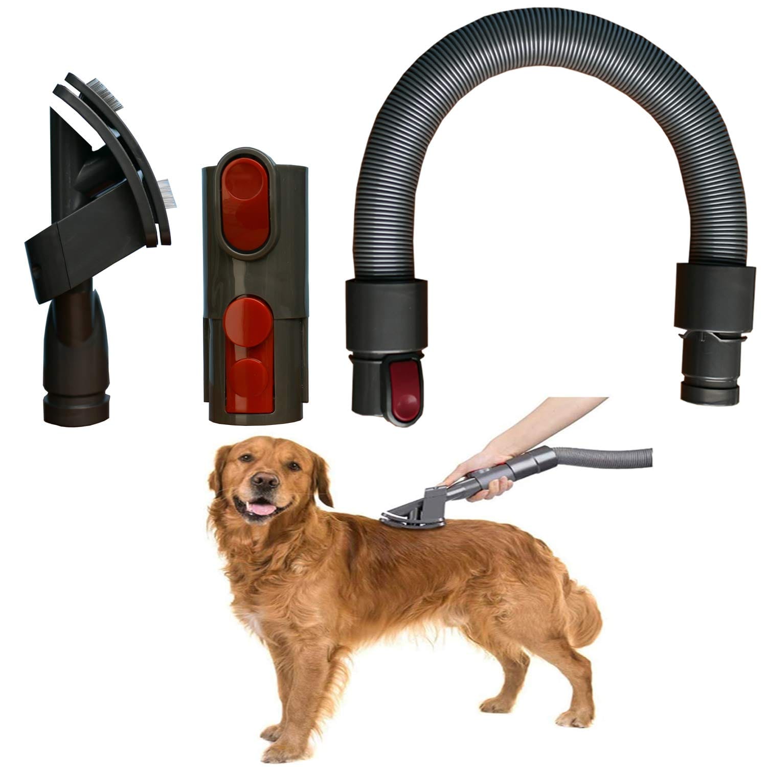 Pet Hair Vacuum Grooming Brush & Extension Hose Compatible With Dyson V11 V10 V8 V7 - Quick Release Converter Attachment
