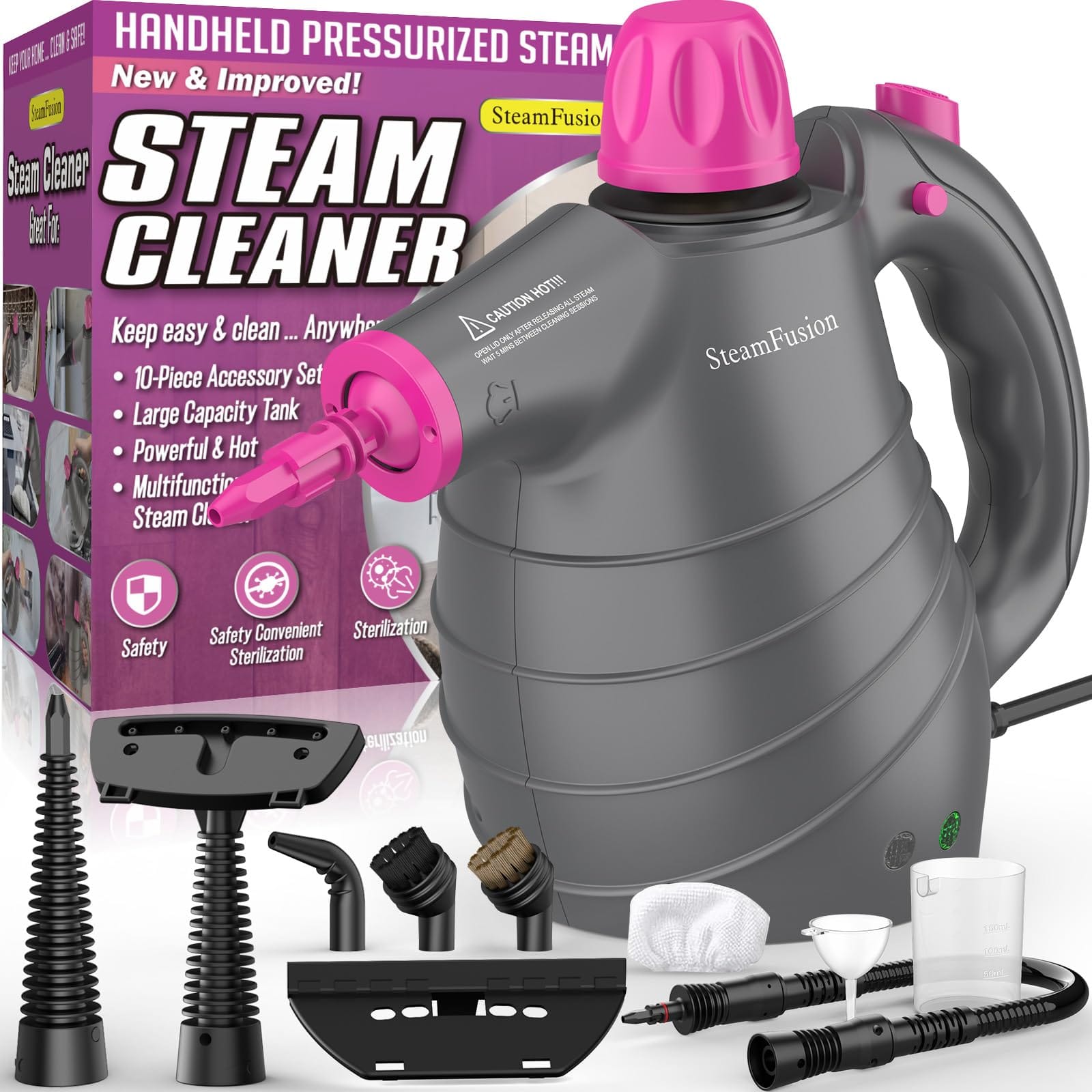 Multi-Purpose Pressurized Handheld Steam Cleaner with Safety Lock and Accessories, Powerful Deep Cleaning Steamer for Home, Car, Upholstery, Grout, and Grease