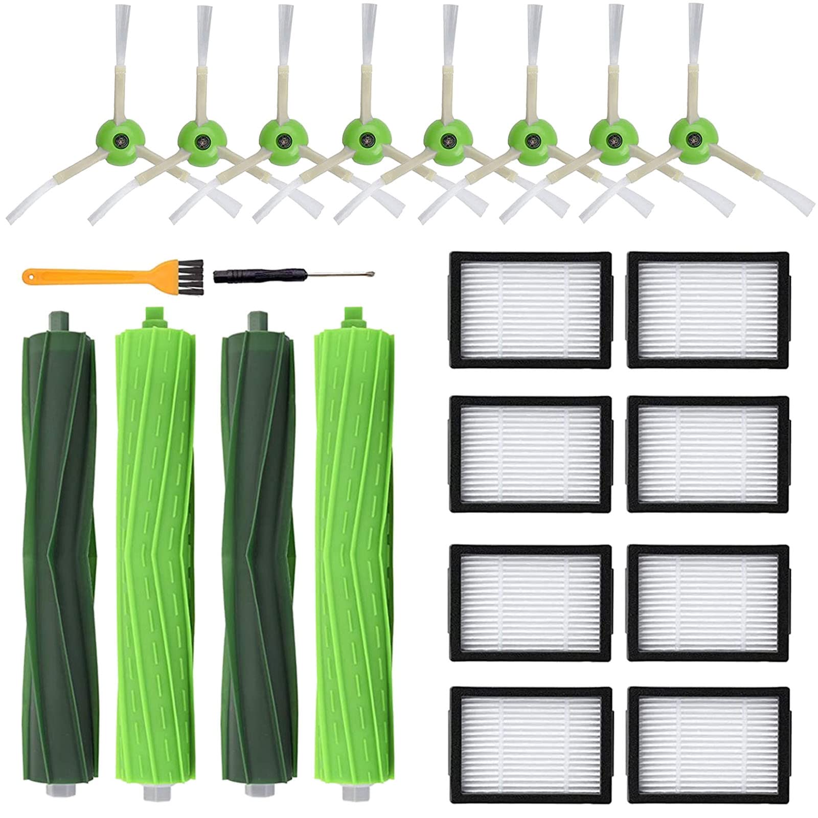 Replacement Parts Kit for Irobot Roomba I7 I7+ I3 I3+ I4 I4+ I6 I6+ I8 I8+ E5 E6 E7 &J7 J7+ Vacuum Cleaner - 2 Sets Rubber Brushes, 8 Hepa Filters, 8 Side Brushes