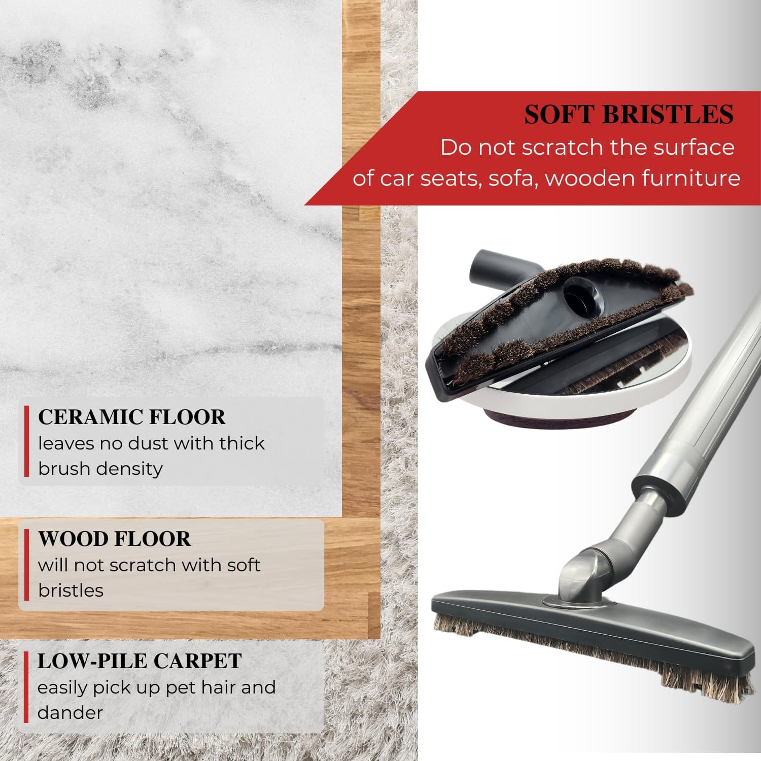 Horse Hair Soft Bristle Vacuum Brush Attachment for Shop-Vac - Flexible Head for Low Carpet, Hardwood, Tiles, and Hard Floors (1 1/4'' & 2 1/2'' Accessories) - Review Image 2
