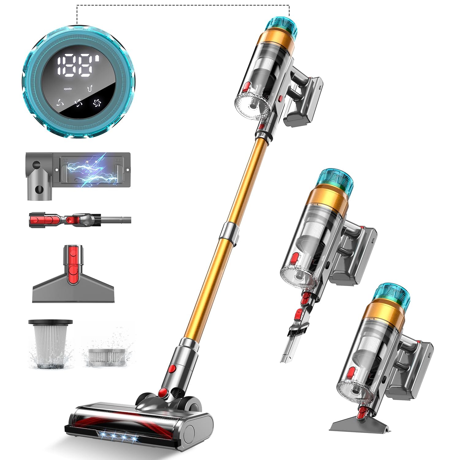 MBYULO 500W Cordless Stick Vacuum Cleaner with 50KPa Suction Power, Up to 55 Mins Runtime | OLED Color Screen, Rechargeable & Wall-Mounted, Anti-Tangled Design for Home, Car, Hardwood Floors, Carpets, Pet Hair