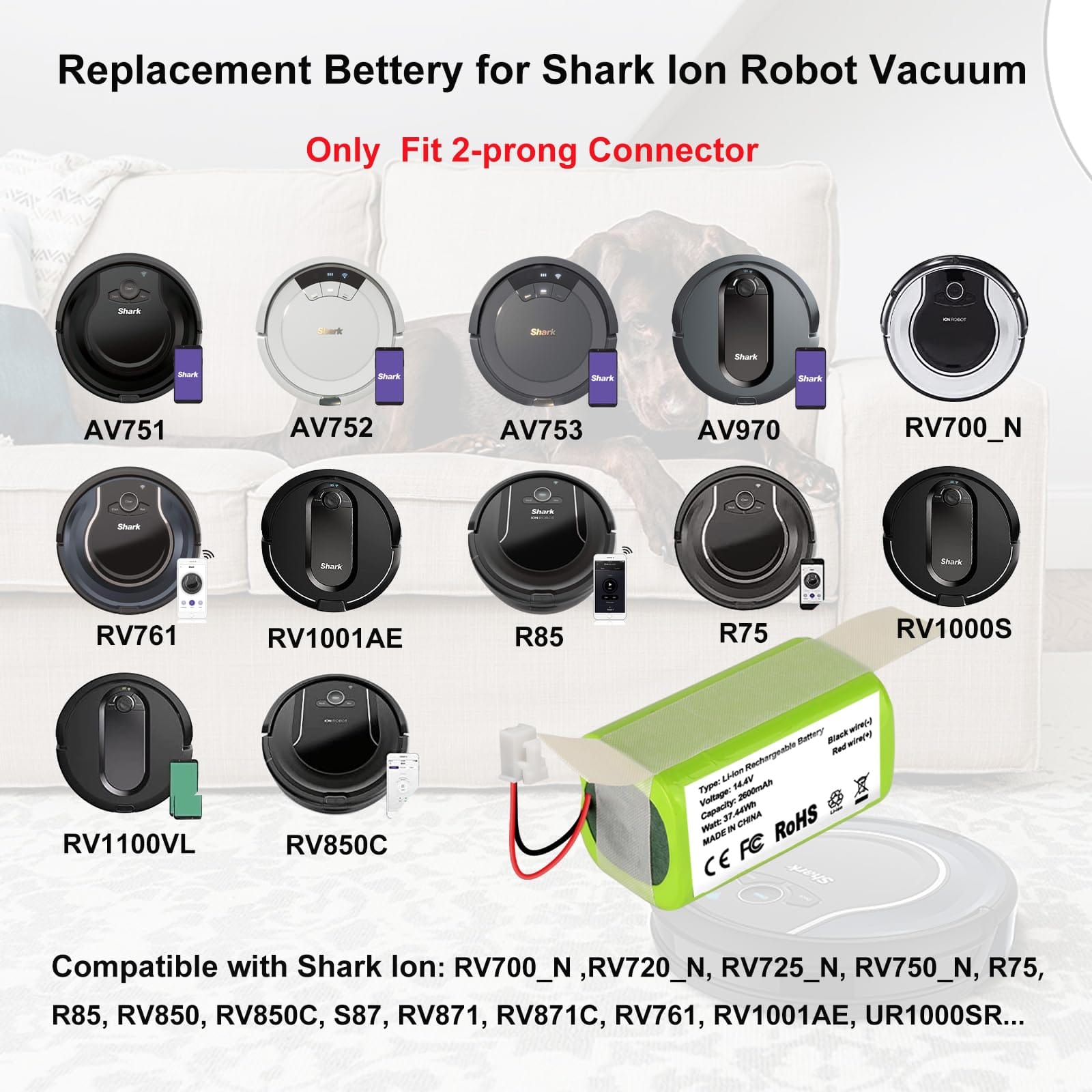 Replacement RVBAT850 Battery for Shark Ion R75 RV761 RV850C RV1000S RV1100VL RV1001AE UR1000SR RV700_N RV720_N Cordless Stick Vacuum Cleaners (2-Prong Connector, Not For 3-Prong Connector) - Review Image 3