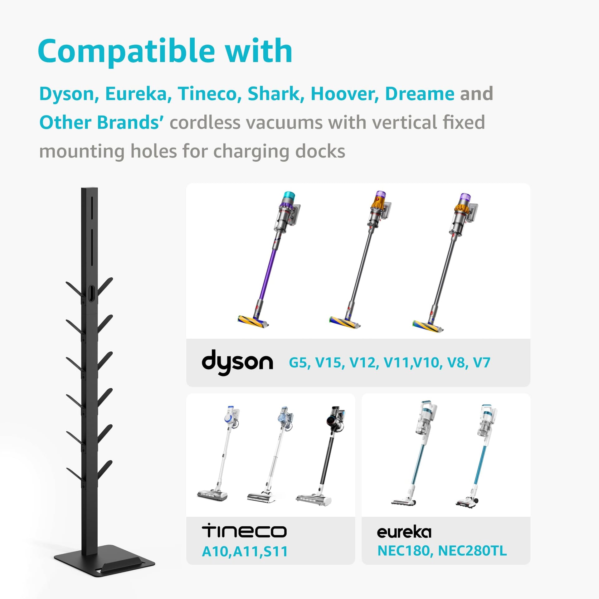 Universal Vacuum Cleaner Stand with 12 Storage Hooks for Dyson, Shark, Eureka, Tineco, Dreame Cordless Vacuums - Metal Holder, Black - Review Image 2