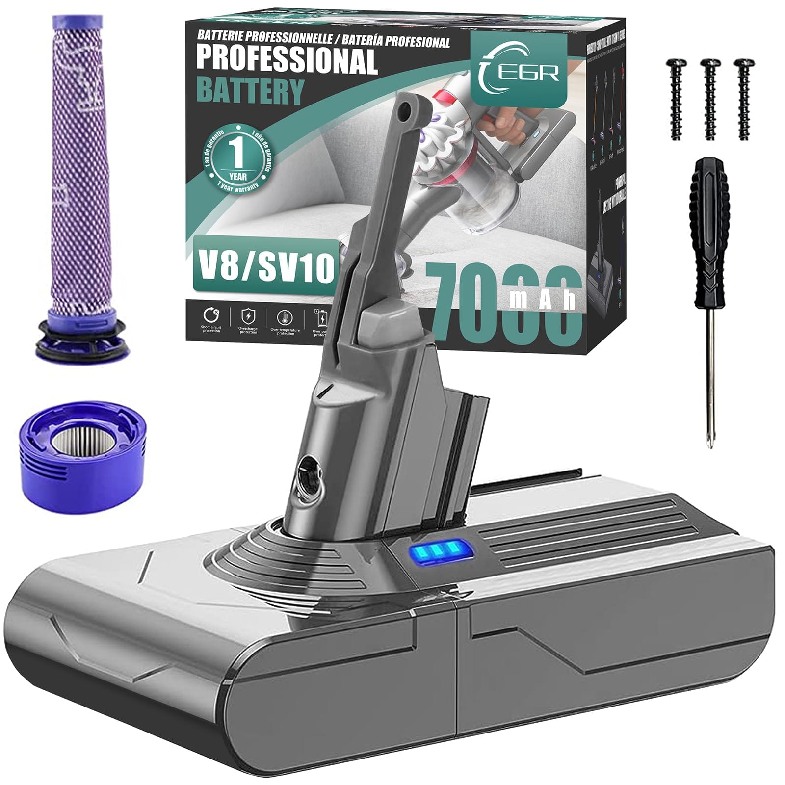 High-Capacity 7000mAh V8 Animal Battery Replacement for Dyson V8 Vacuum Cleaner with Filters and Screws
