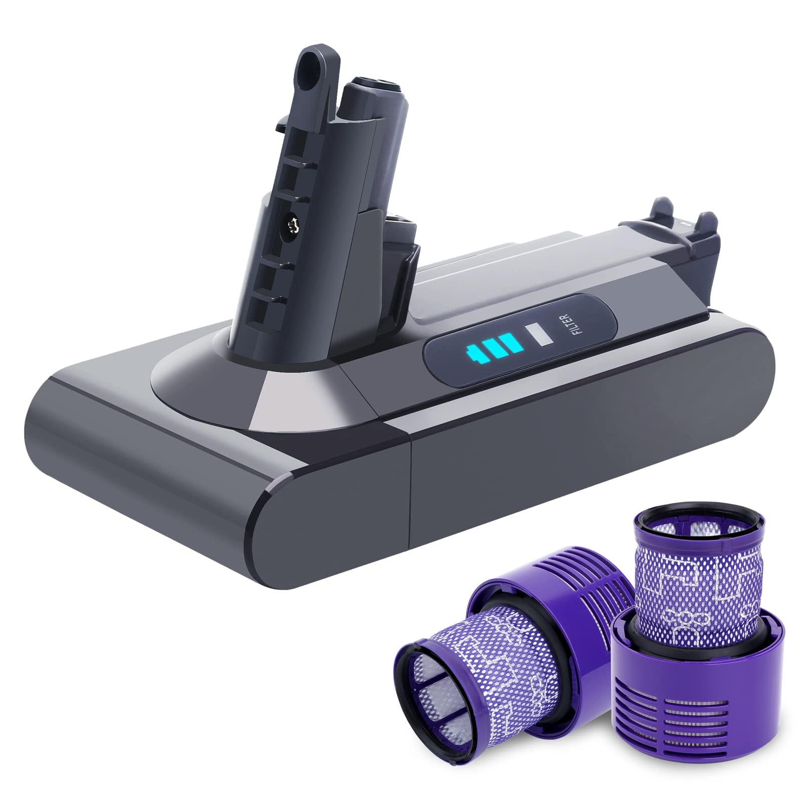 High Capacity 25.2V 5.0 Ah Compatible Battery for Dyson V10 Vacuum, with 2 Filters