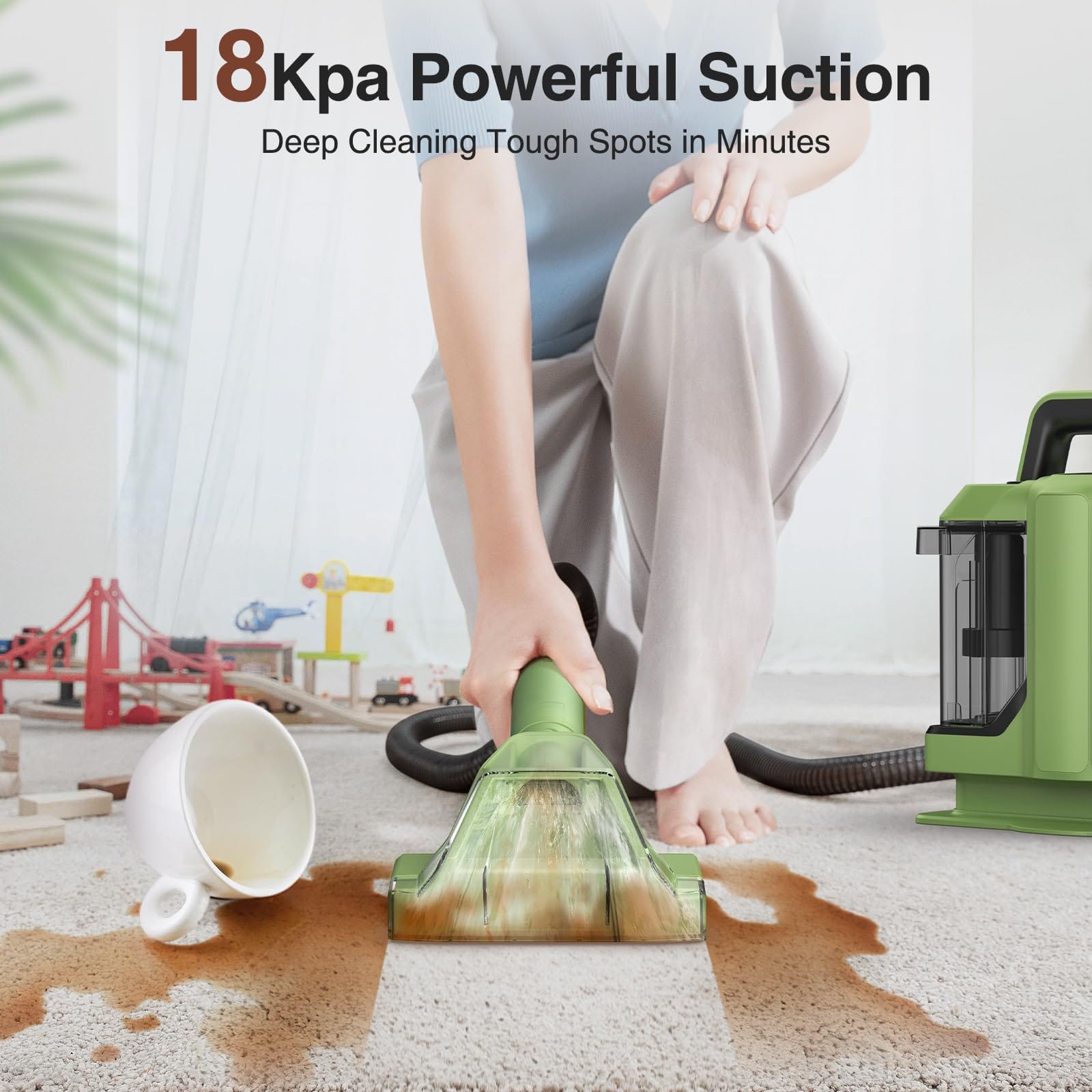 Portable Carpet and Upholstery Cleaner with Powerful Suction for Pet Stain Removal, 500W Cleaning Machine for Couches, Car Seats - Green - Review Image 3