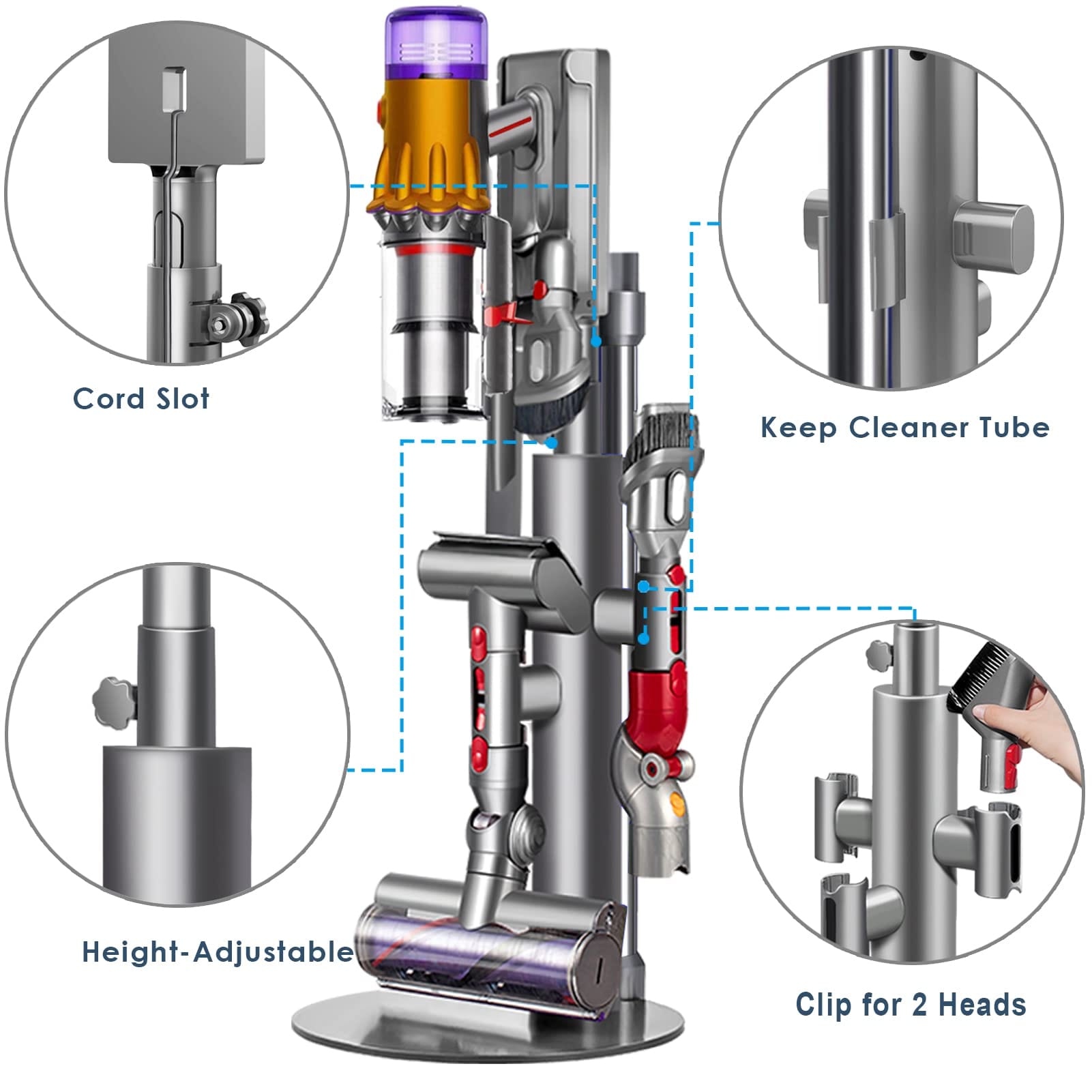 Height-Adjustable Aluminum Vacuum Stand for Dyson V15, V12,V11, V10,V8,V7 - Steel Base, Clips for 9 Attachments, Cable Slot - Review Image 3