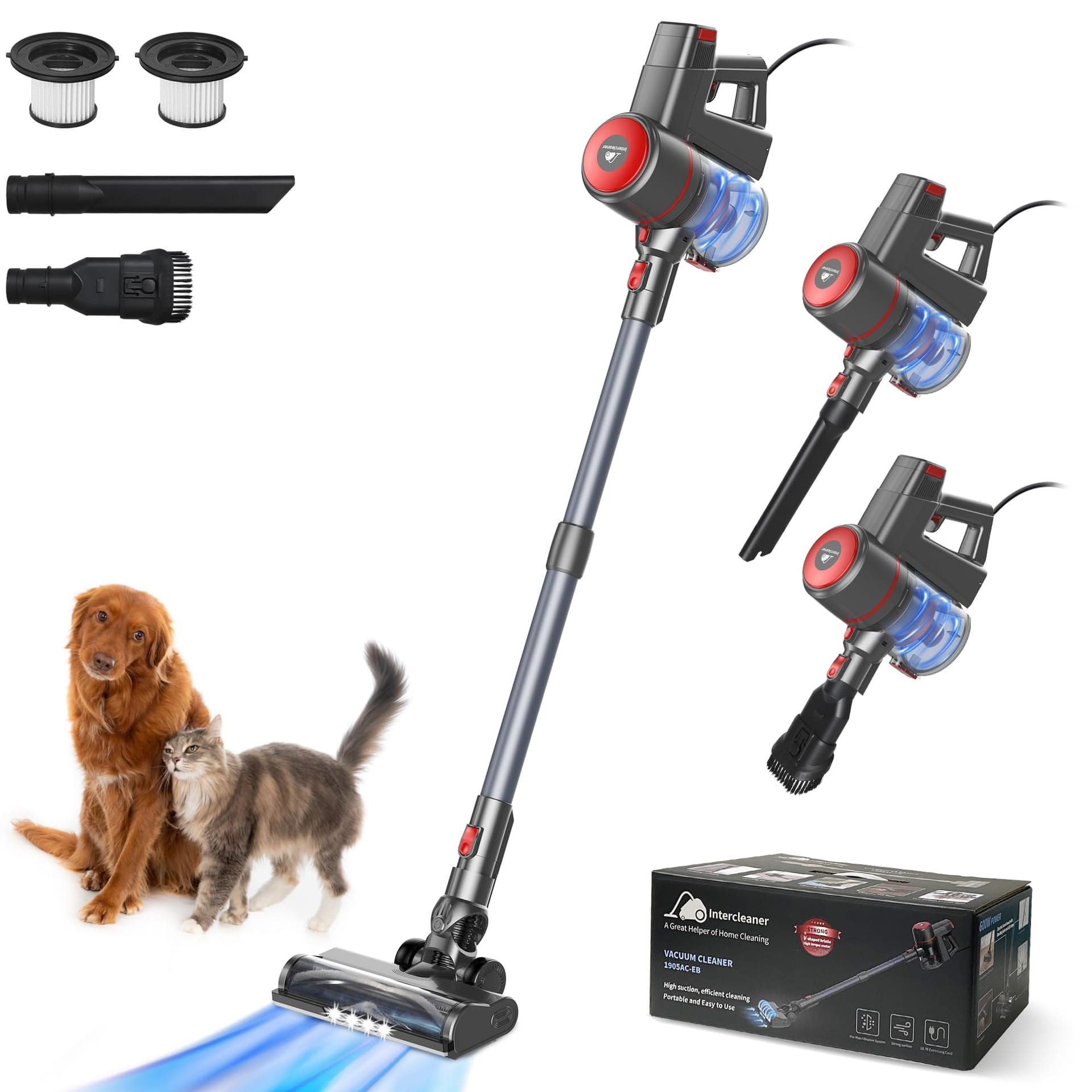 Intercleaner Corded Vacuum Cleaner with 20Kpa Powerful Suction and HEPA Filter, Lightweight 4-in-1 Stick Vac for Hardwood Floors, Carpet, Cars, and Pet Hair