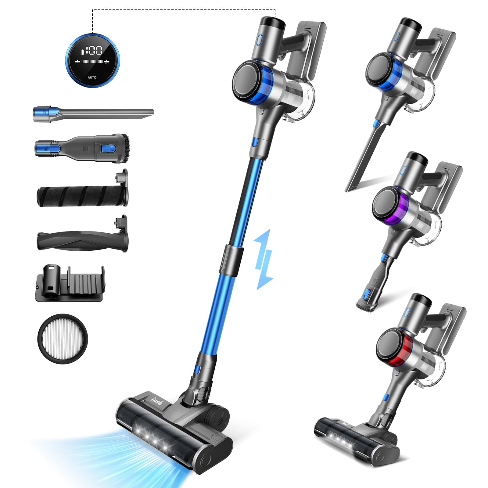 Powerful 400W Cordless Stick Vacuum Cleaner with 30Kpa Suction, LED Display, and Multiple Attachments - INSETech S9