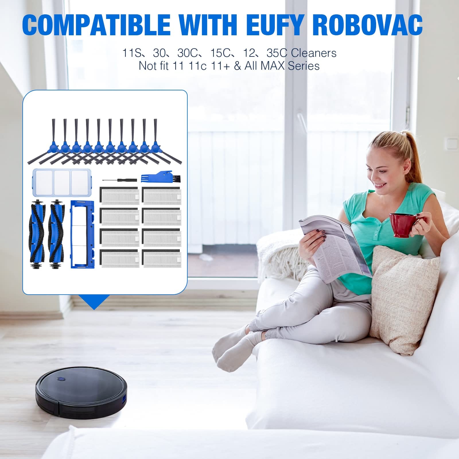 Replacement Parts Kit for Eufy Robovac 11S, 15C, 30, 30C, 12, 35C Robot Vacuum - 10 Side Brushes, 8 Filters, 2 Roller Brushes, 1 Pre Filters, 1 Roller Brush Guard - Review Image 5