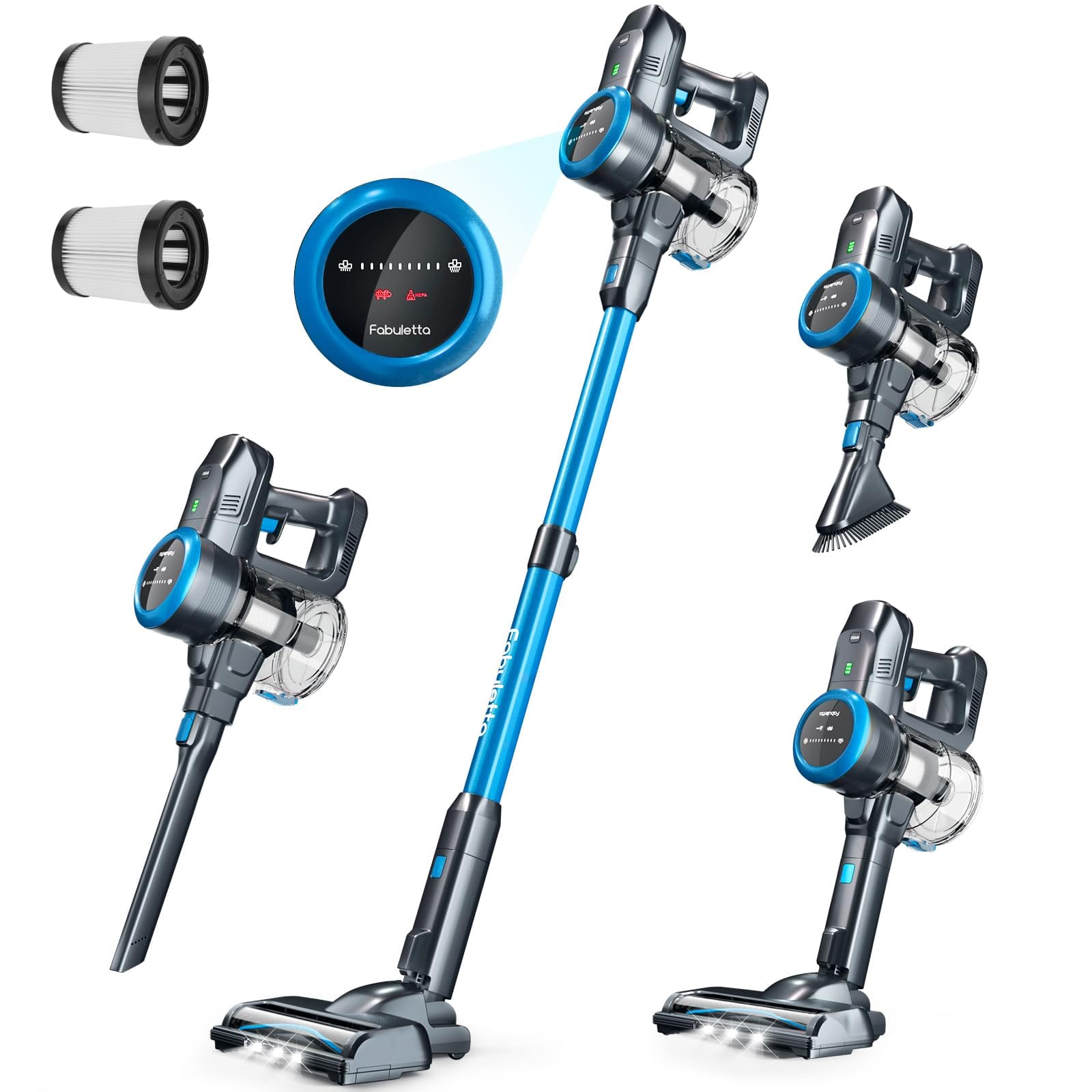 Fabuletta Cordless Vacuum Cleaner with Brushless Motor, 50 Mins Runtime, LED Display - 6-in-1 Lightweight Stick Vacuum for Home, Hard Floors, Pet Hair (Blue)