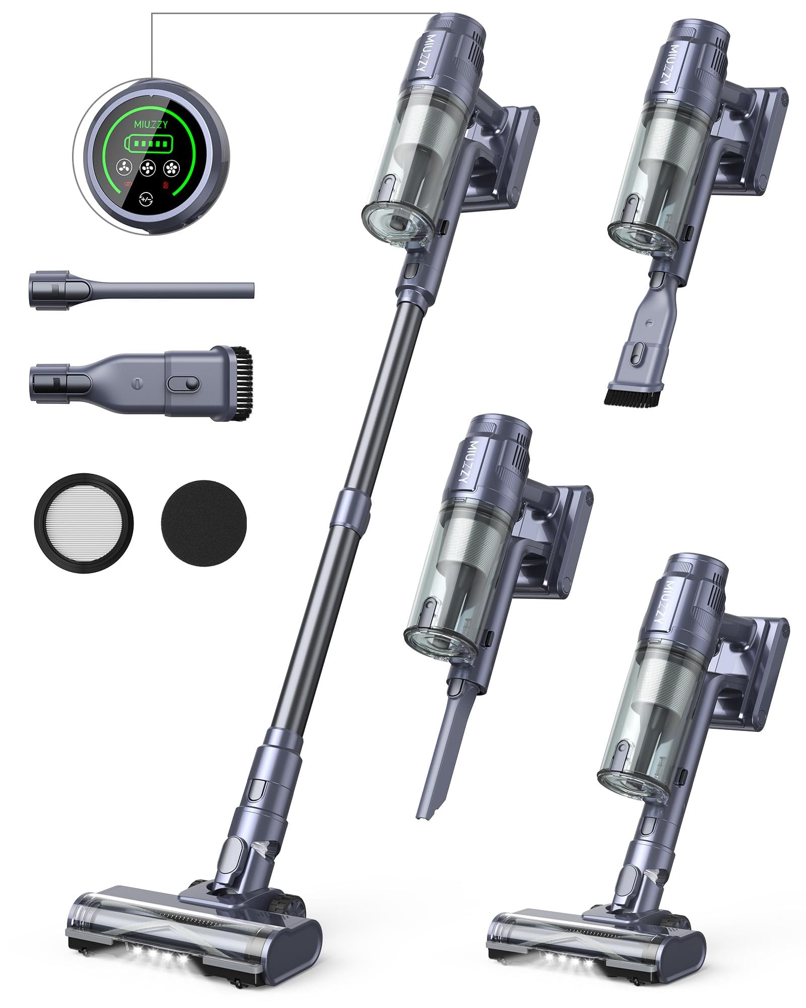 MIUZZY M242 Cordless Stick Vacuum Cleaner with Powerful Suction for Pet Hair, Hard Floors, Carpet - LED Display, Long Battery Life