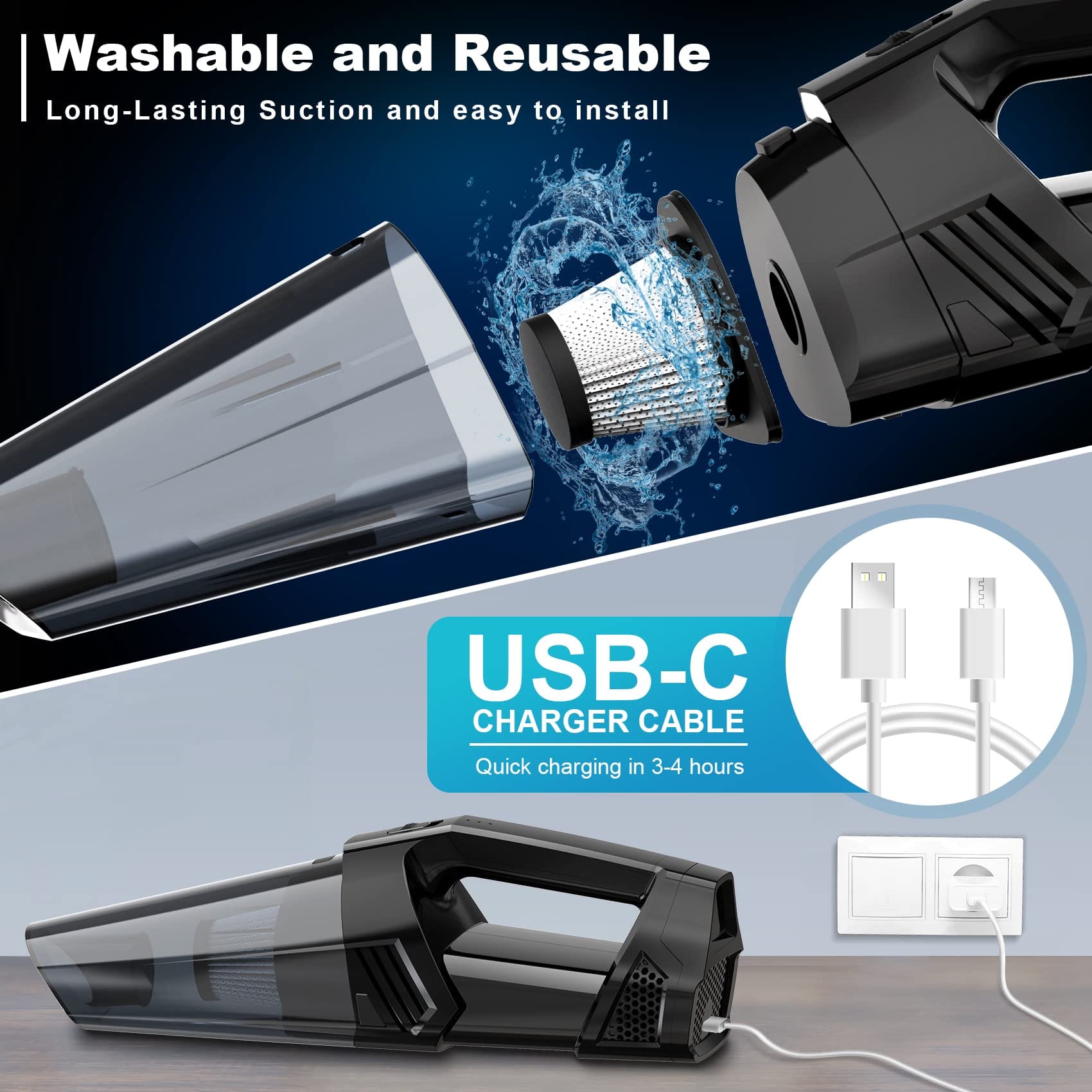 Cordless Portable Handheld Vacuum Cleaner with LED Light, High Power Suction - Lightweight Rechargeable Car Home Office Cleaner for Pet Hair - Black - Review Image 4