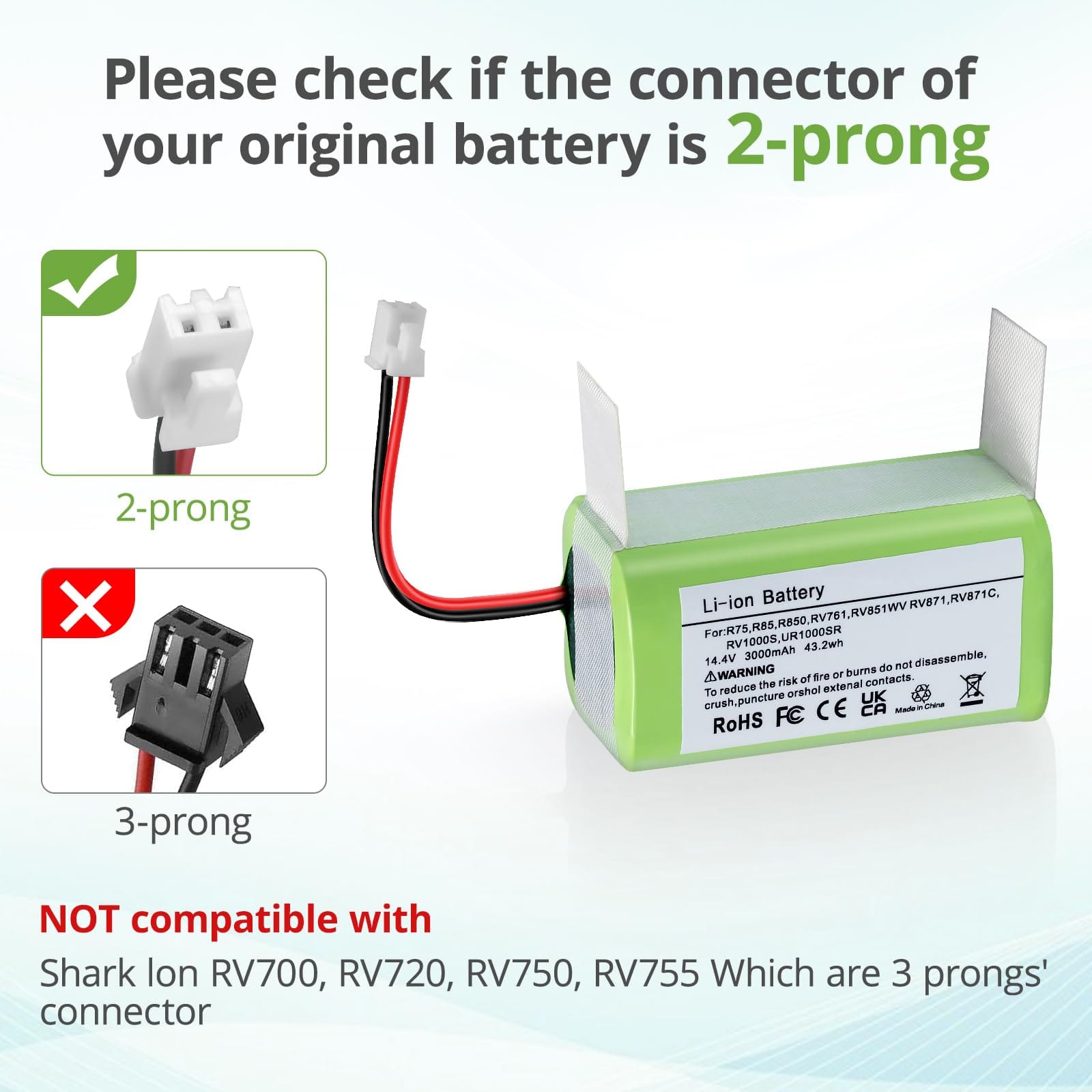High-Capacity Yaya-Bechine Replacement Battery for Shark Ion Robot Vacuum Cleaners - 14.4V 3000mAh, 2-Prong Connector - Review Image 5