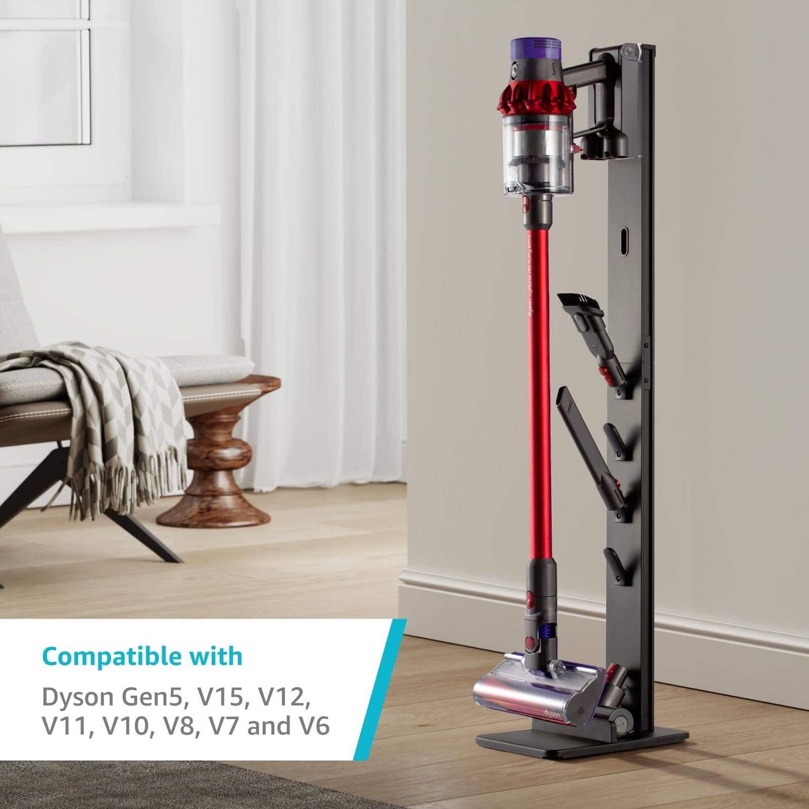 Floor-Standing Pegzone Vacuum Cleaner Stand for Dyson Gen5 V15 V12 V11 V10 V8 V7 V6 Cordless Vacuums, Metal Storage Bracket Organizer with 4 Hooks, Black - Review Image 5