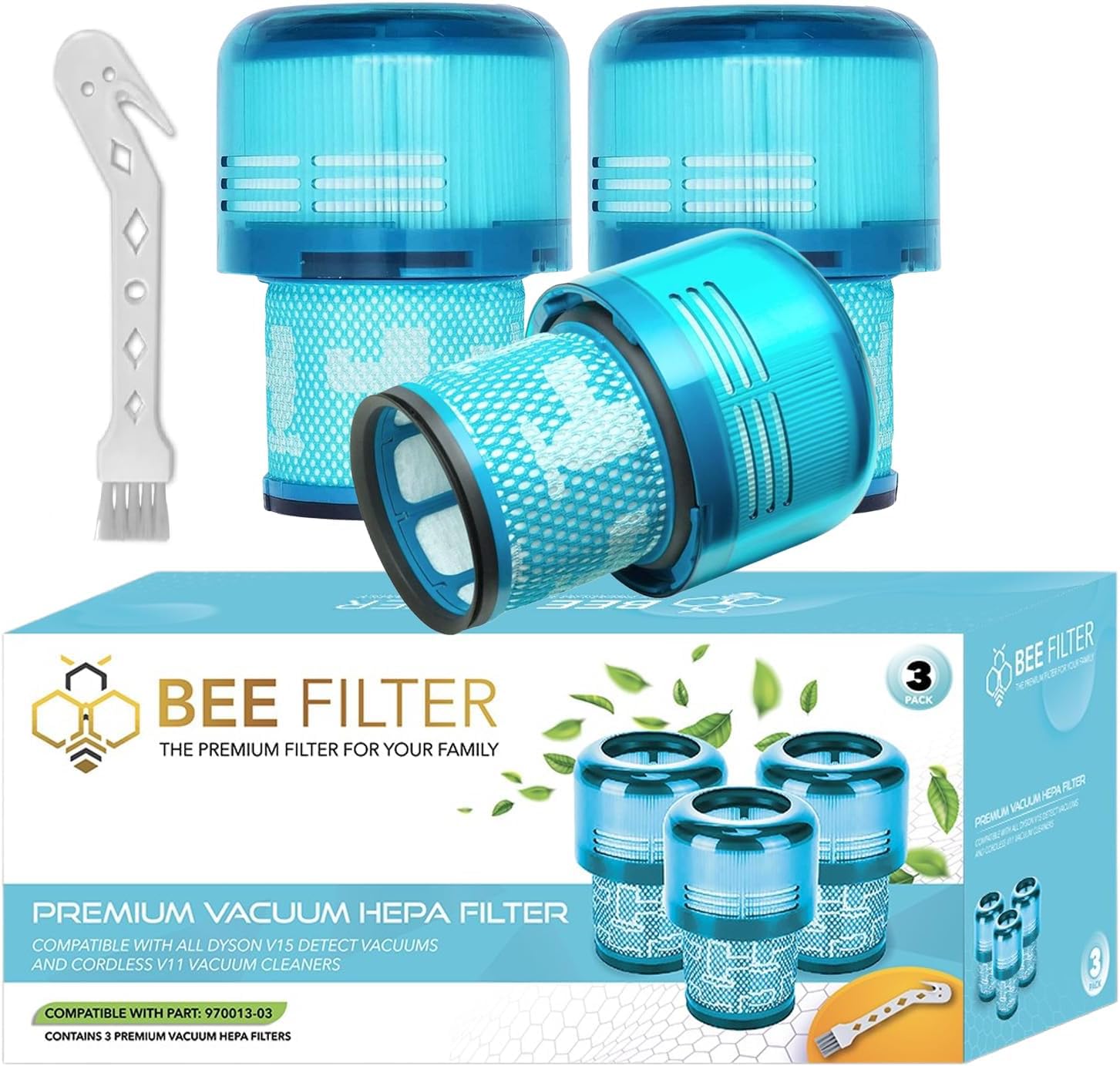 ** Bee Filter Premium Vacuum Filters for Dyson V15 Detect, V15 Detect Absolute, V15 Detect+, V11 Animal, Torque Drive, Complete - Pack of 3

**DESCRIPTION:** Bee Filter Premium Vacuum Filters are the ultimate replacement parts for your Dyson V15 Detect, V15 Detect Absolute, V15 Detect+, V11 Animal, V11 Torque Drive, and V11 Complete models. Crafted with premium materials, our filters are specifically designed to deliver outstanding performance and seamless compatibility, ensuring your Dyson vacuum maintains peak cleaning power.

**Features:**
**Premium Materials & High Performance:** Our filters excel at capturing the finest dust particles, allergens, pollen, and pet dander, promoting cleaner air and a healthier home environment. Compatible with Dyson V11 Filter, Dyson V15 Filter, and their respective replacements, these filters bring exceptional results to your vacuum cleaner.

**Packaging:** Each pack contains three top-quality premium filters, offering a convenient and durable solution for your cleaning needs. Built to withstand rigorous usage while maintaining optimal performance, the installation process is quick and straightforward, allowing you to resume cleaning tasks promptly.

**Compatibility:** Bee Filter Premium Filters Replacement is compatible with Part Numbers 970013-02 and 970013-03, fitting perfectly into Dyson V15 Detect, V15 Detect Absolute, V15 Detect+, Dyson V15s Detect Submarine, Dyson V11 Animal, and Dyson V11 Torque Drive models.

**Note on Compatibility:** Please note that Bee Filter Premium Filter V15 replacement filters are NOT compatible with Dyson V15 Outsize, Dyson Outsize Vacuum, V11 Outsize, Outsize Absolute+, V12 Slim vacuums, Dyson Gen5 Series, and SV19 Omni-glide + vacuums. Please verify your accessories model and size before placing an order.

**Optimize Your Dyson:** Elevate your cleaning routine with Bee Filter Premium Filters, tailored for Dyson V15 and V11 models. Combat dust and allergens effortlessly, enhancing the efficiency of your Dyson V15 Detect Submarine, Dyson V11 Animal, and Dyson V15 Absolute vacuums. Designed with precision, our filters also cater to Dyson V11 Torque Drive and Dyson V15 Detect, offering versatile solutions to a range of Dyson vacuum accessories.

**Upgrade Today:** Transition to Bee Filter Premium Filters and experience cleaner, healthier air in your home, free from harmful particles. Bid farewell to dust concerns and welcome a fresh, pollutant-free environment every time you clean. Say hello to a lightweight, HEPA-filtered cleaning experience with Bee Filter Premium Vacuum Filters.
