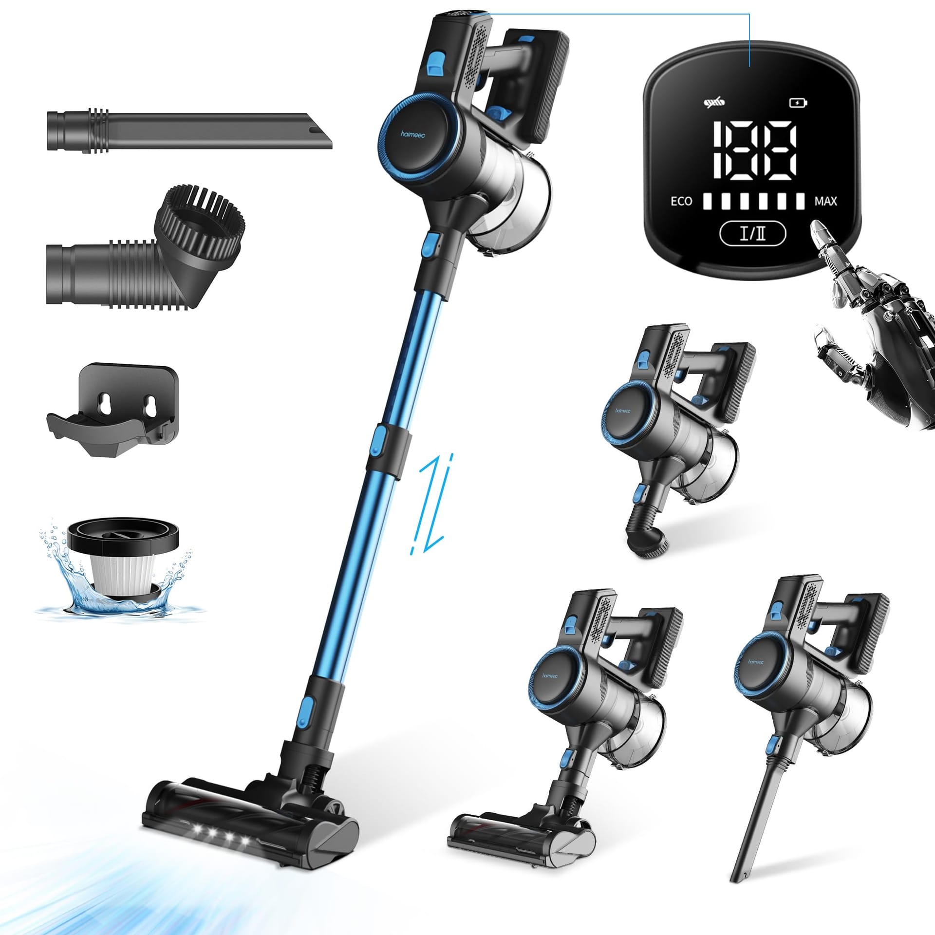 HAIMEEC Cordless Stick Vacuum Cleaner with Touchscreen Display, Rechargeable Detachable Battery, 45Min Runtime, LED Headlights - Ideal for Pet Hair, Carpet, Hard Floors, C1