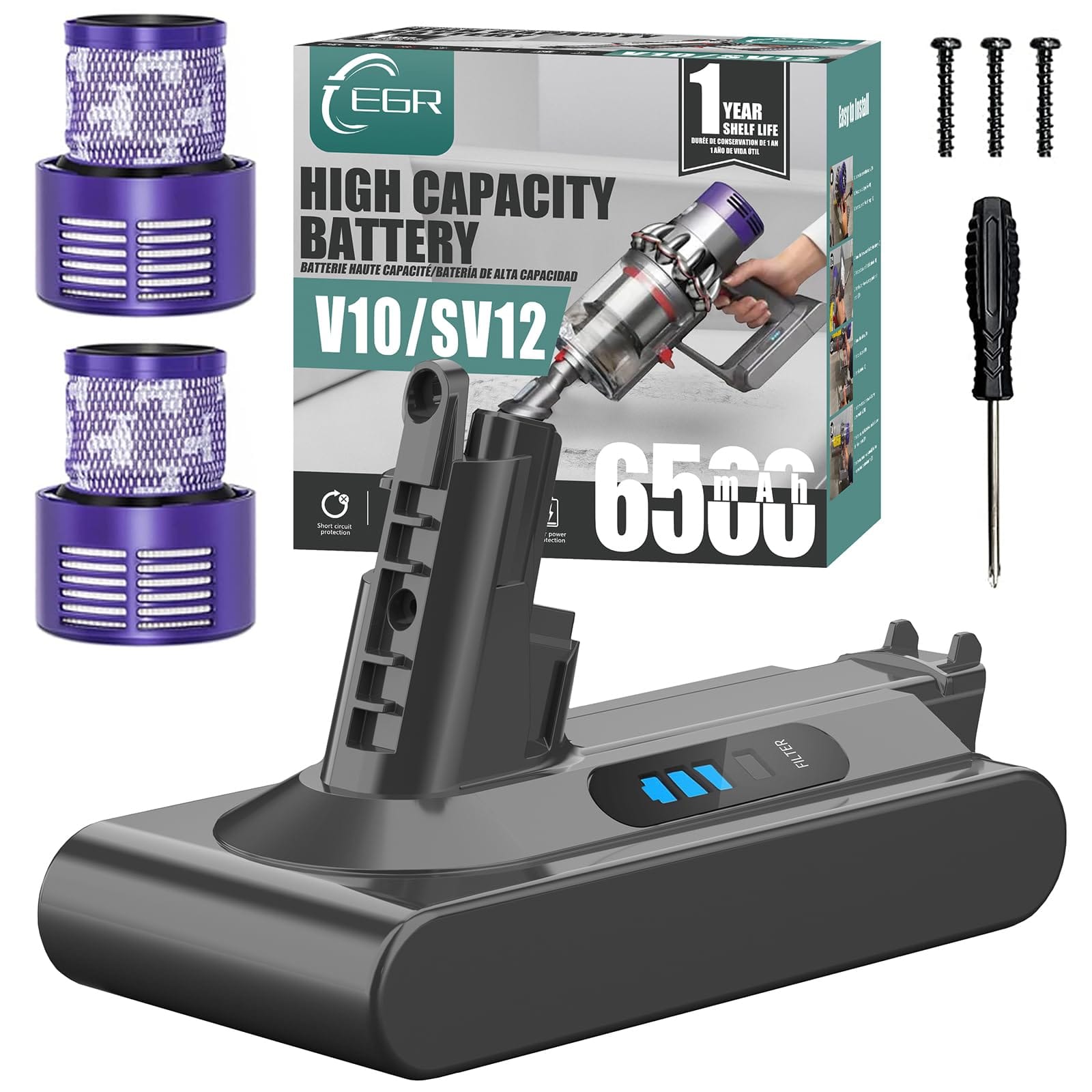 High Capacity 6500mAh V10 Battery Replacement for V10 Animal, Absolute, Fluffy, Motorhead, SV12 Cordless Stick Vacuums