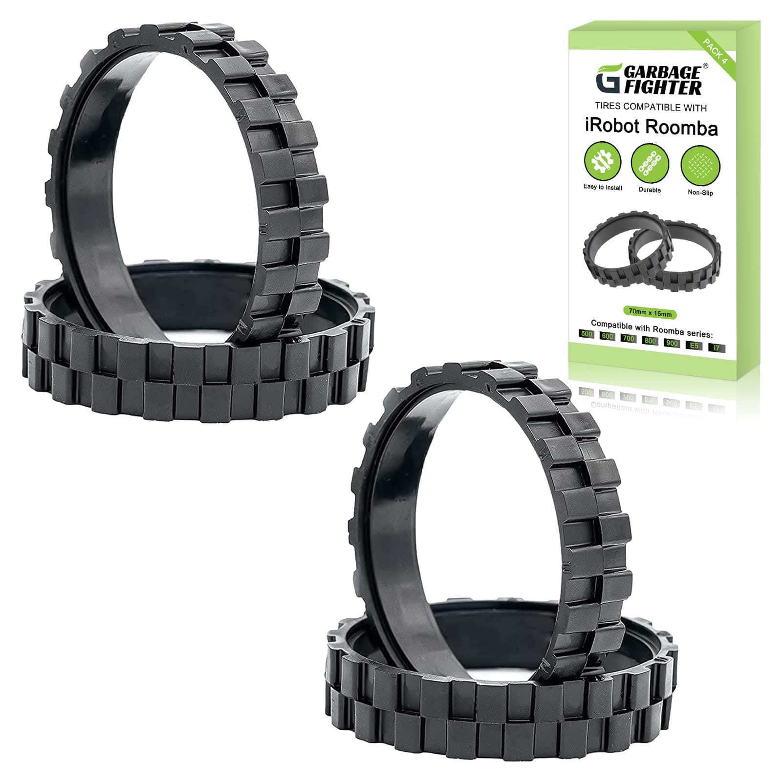 Anti-Slip Garbage Fighter Tires for iRobot Roomba Wheels, 500-900 Series, E5, E6, i7 - Black (4 Pack)