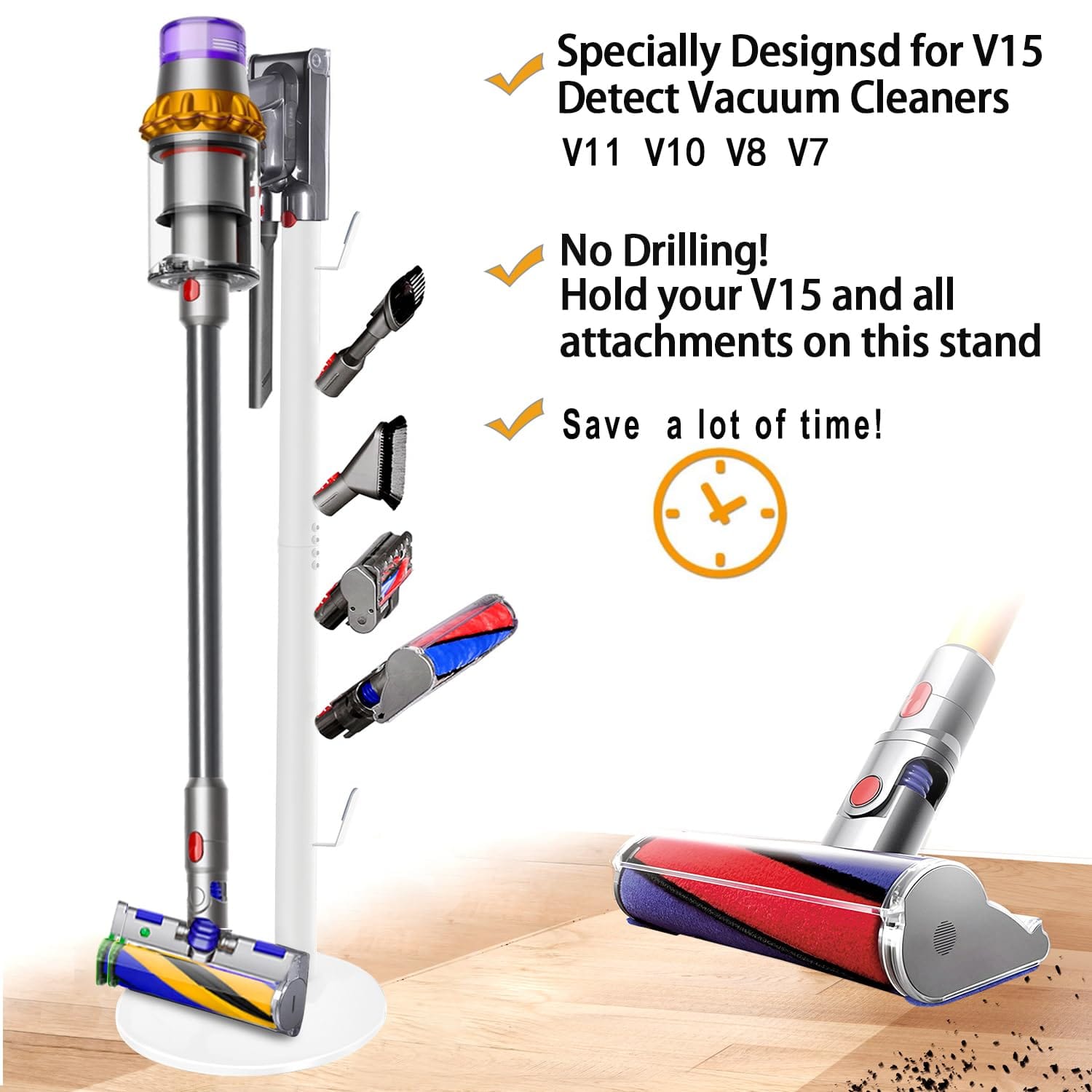 Xigoo Freestanding Vacuum Stand Holder for Dyson V15 Detect, V11 V10 V8 V7 V6 Cordless Vacuums, Floor Docking Station with 6 Hooks - White - Review Image 5