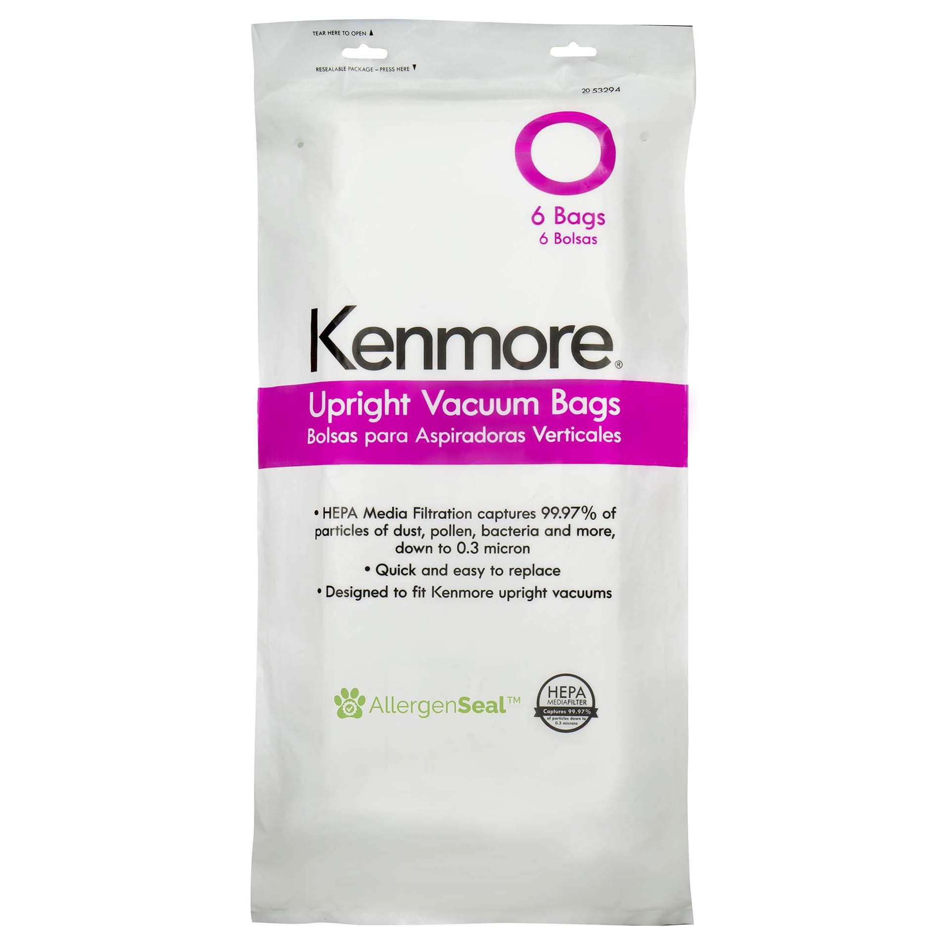 Kenmore Style O Hepa Cloth Vacuum Bags 6 Pack for Upright Vacuums - White
