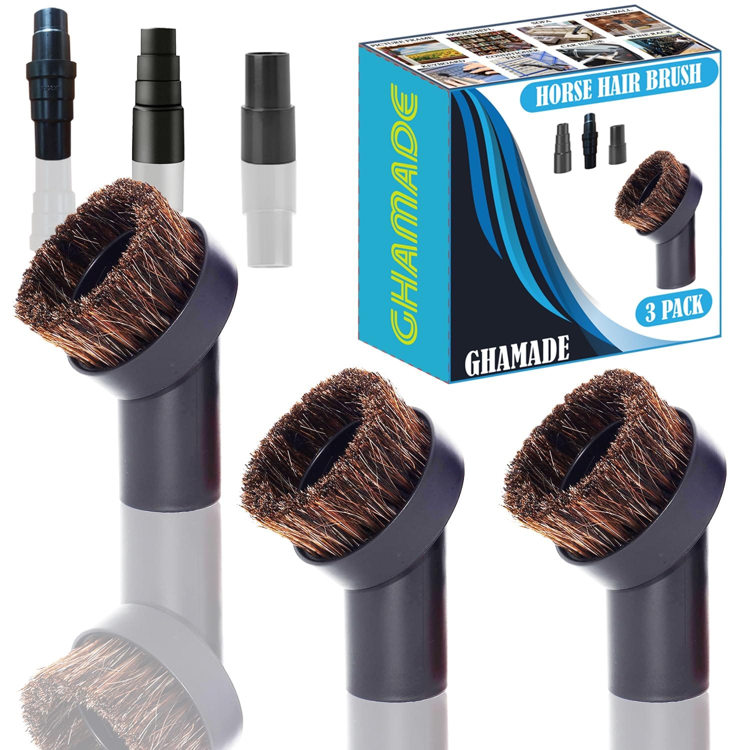 Horsehair Vacuum Dust Brush Attachment Set with Hose Adapters | 3 Pack 1-1/4 Inch Round Brushes | Vacuum Cleaner Accessories