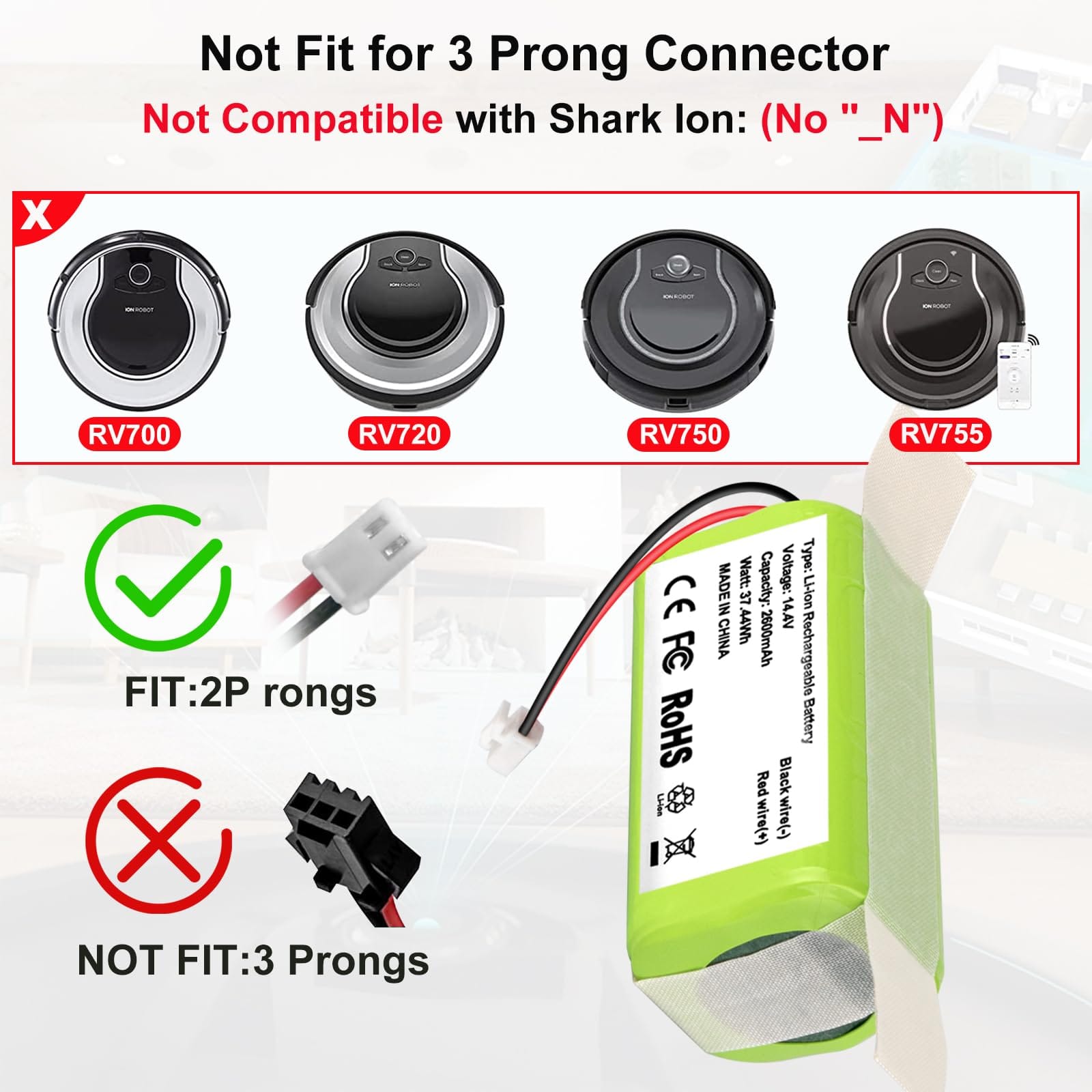 Replacement RVBAT850 Battery for Shark Ion R75 RV761 RV850C RV1000S RV1100VL RV1001AE UR1000SR RV700_N RV720_N Cordless Stick Vacuum Cleaners (2-Prong Connector, Not For 3-Prong Connector) - Review Image 4